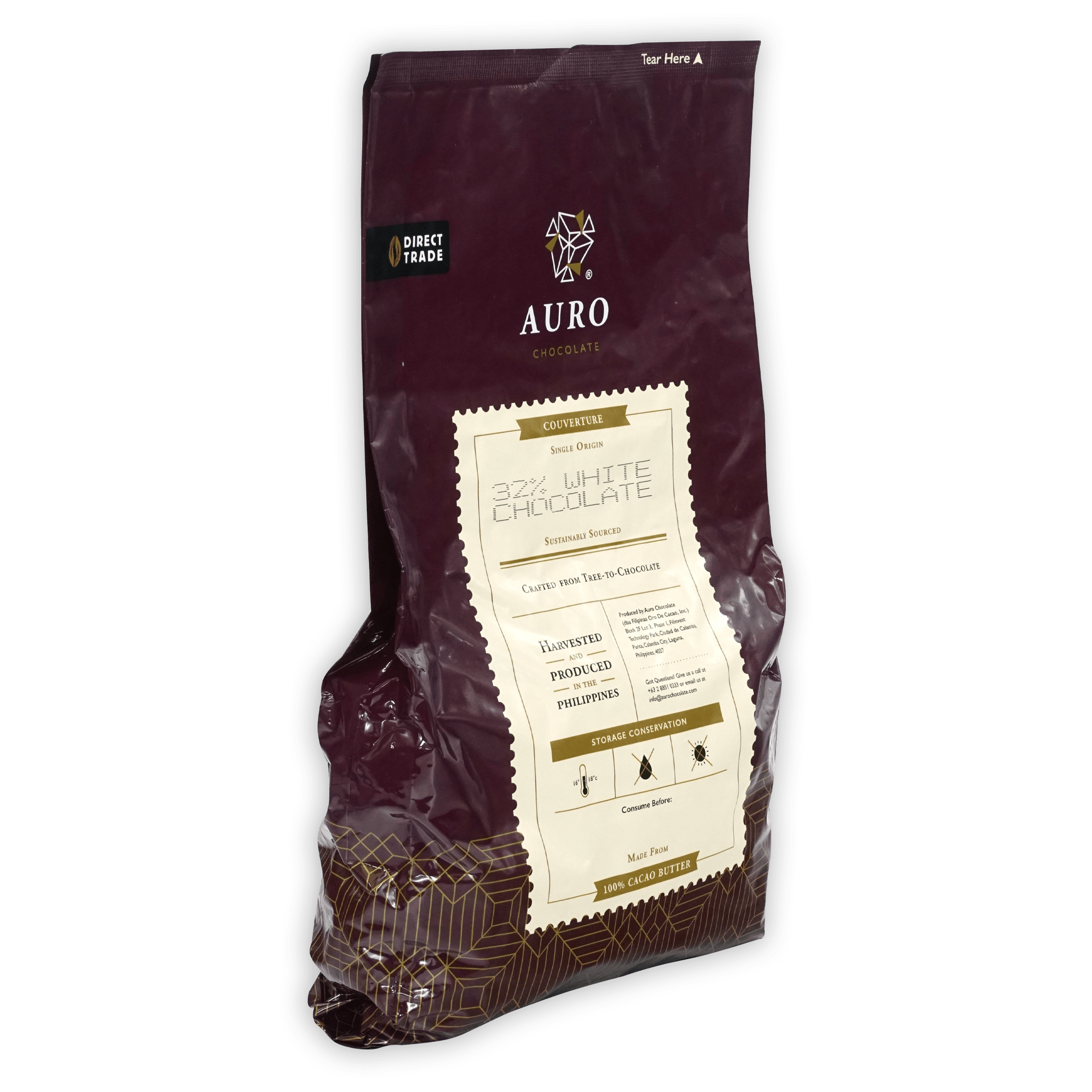 Aurora 32% white chocolate coins 1kg bulk bag, direct trade, purple gold accents