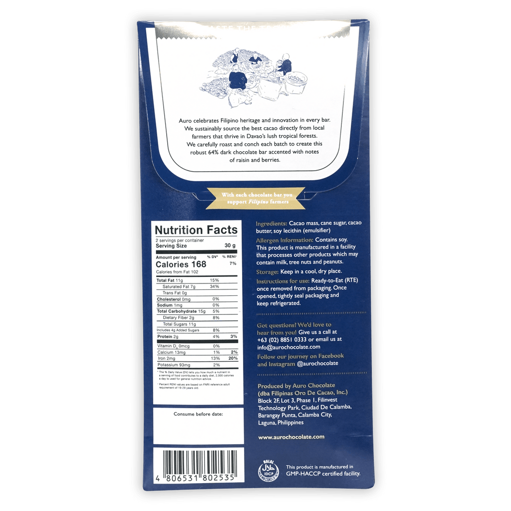 Back of Auro Dark Chocolate 64% blue wrapper with gold banner