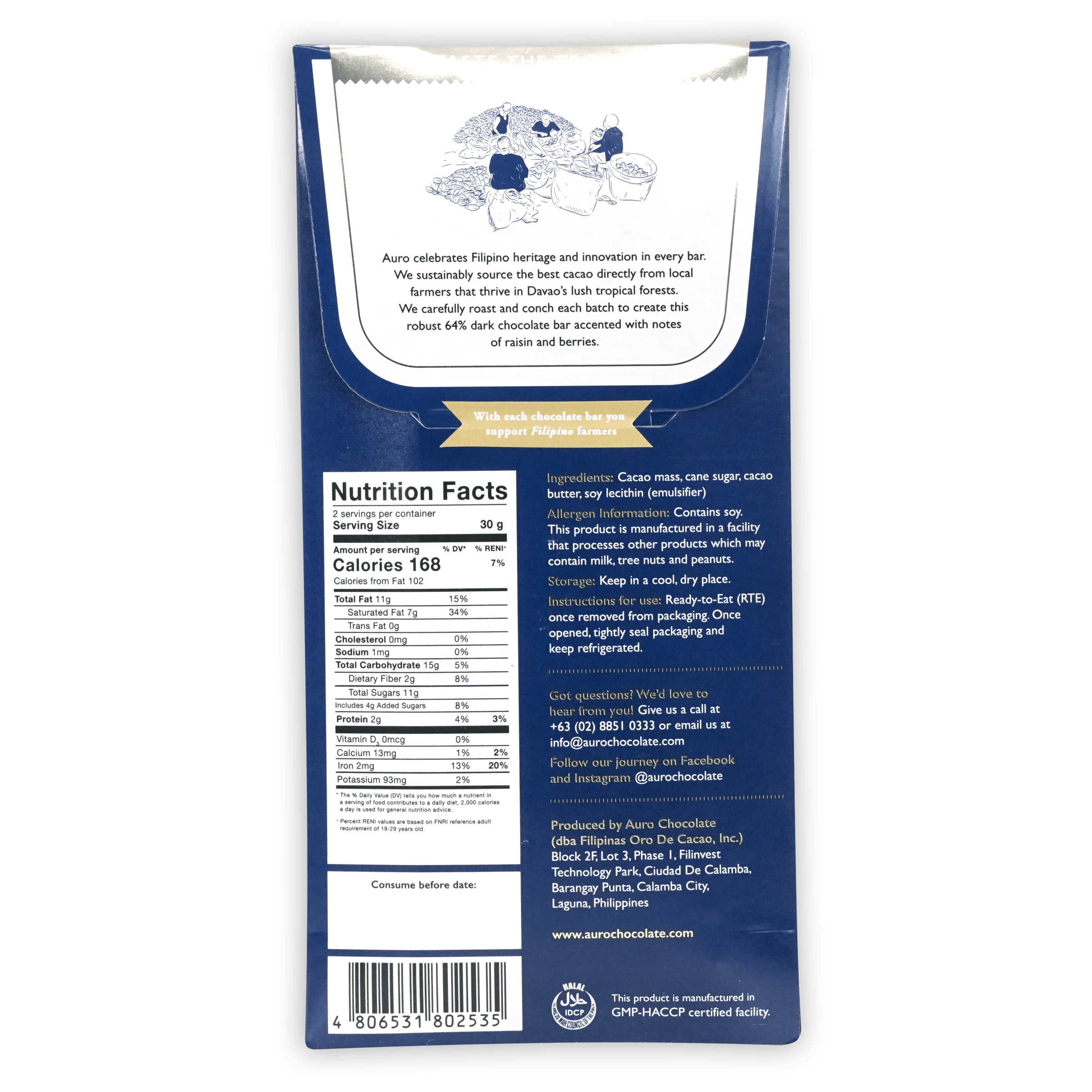Back of Auro Dark Chocolate 64% blue wrapper with gold banner