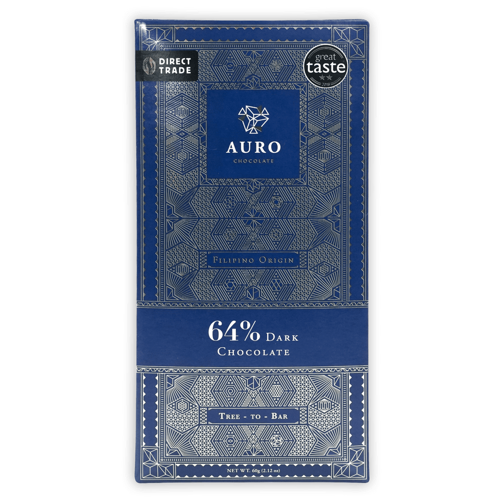 Auro Dark Chocolate 64% bar in blue wrapper with silver patterns