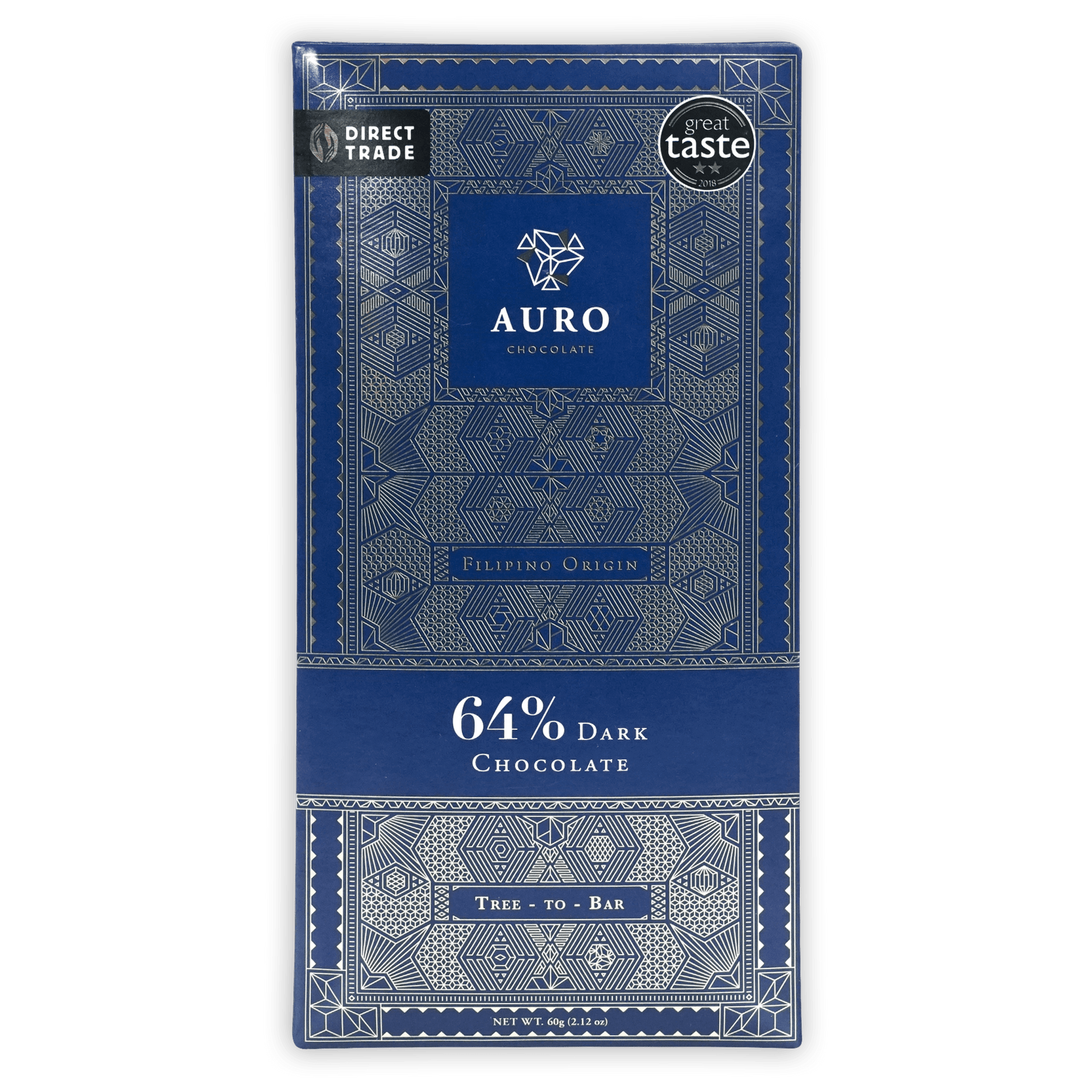 Auro Dark Chocolate 64% bar in blue wrapper with silver patterns
