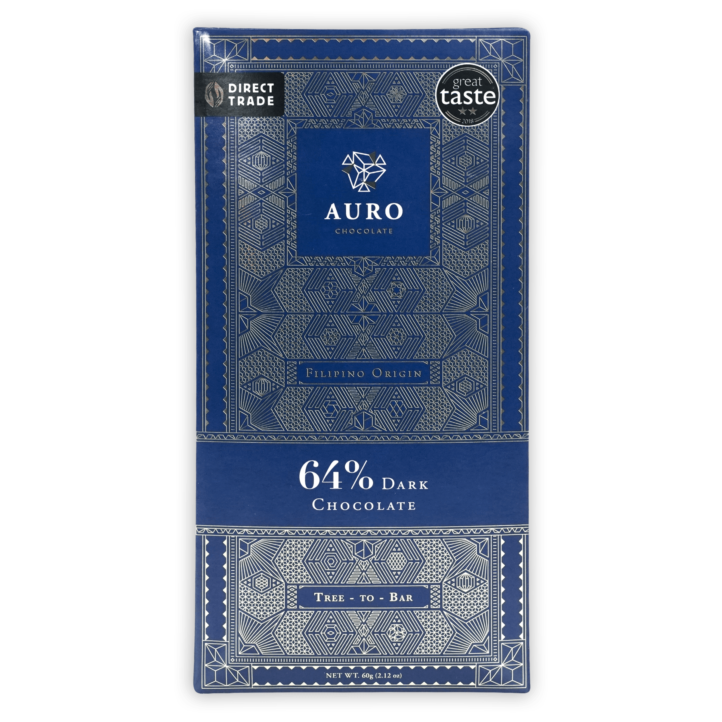 Auro Dark Chocolate 64% bar in blue wrapper with silver patterns
