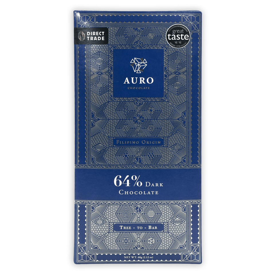 Auro Dark Chocolate 64% bar in blue wrapper with silver patterns