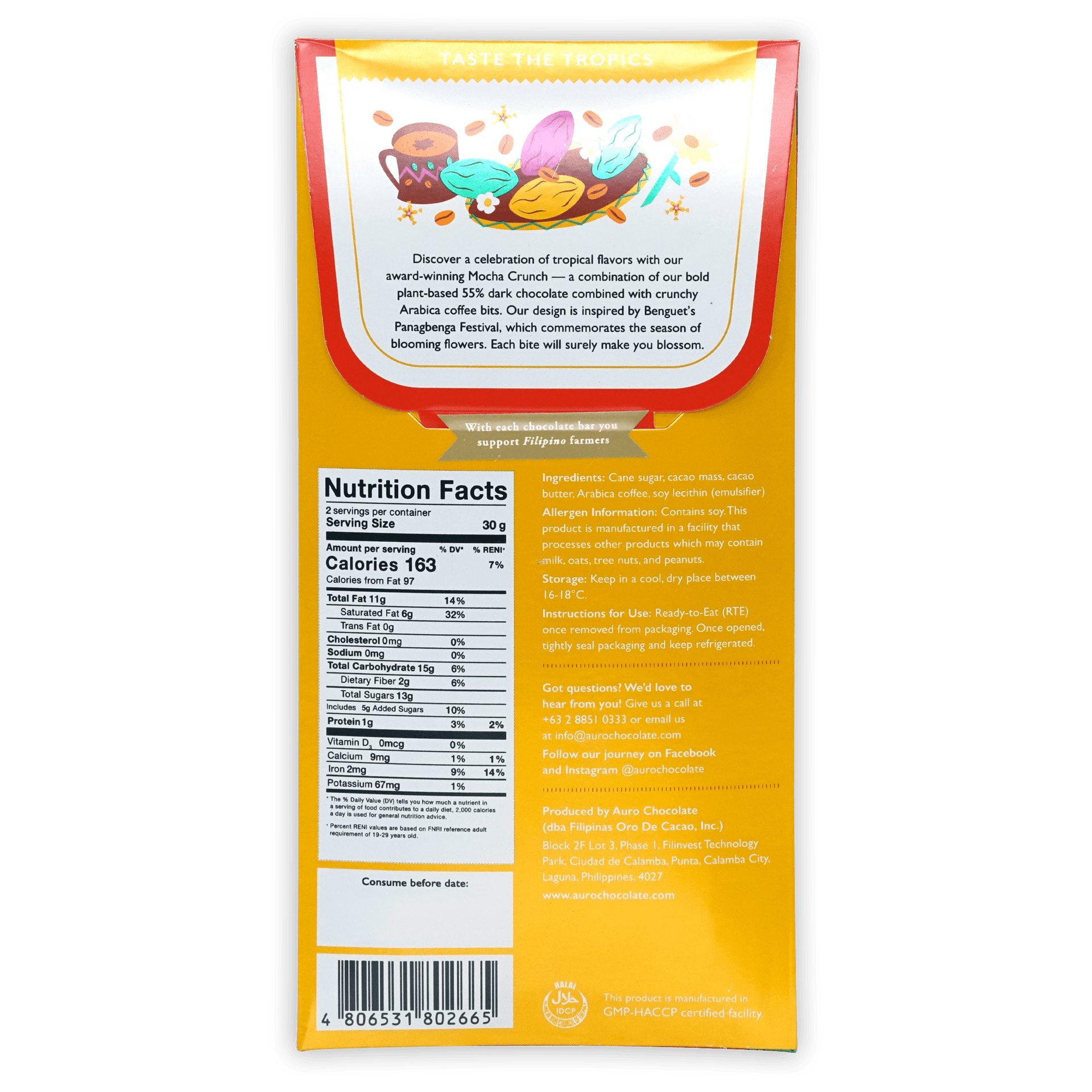 Auro Dark Mocha Crunch 55% chocolate bar with tropical coffee cups flowers fruit design