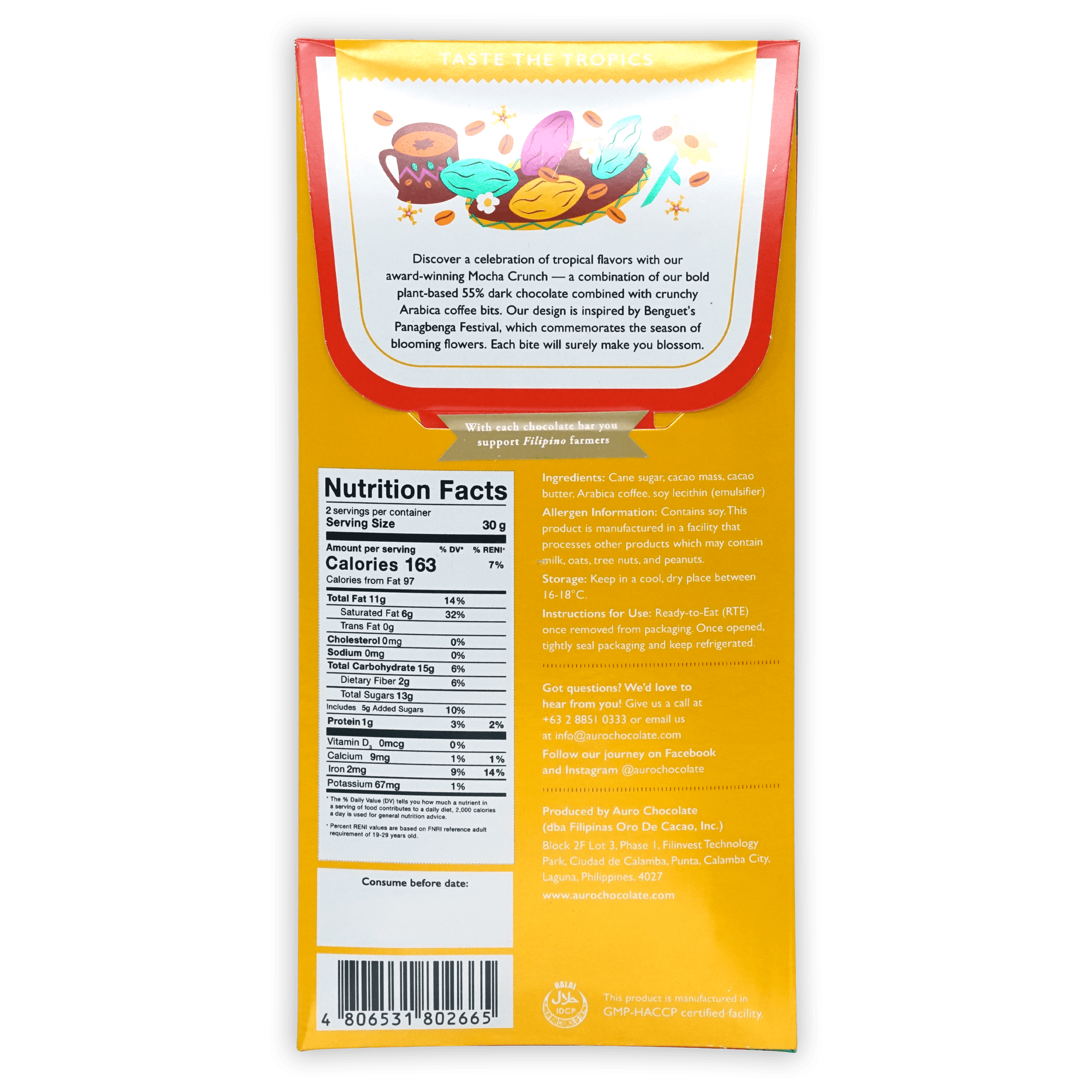 Auro Dark Mocha Crunch 55% chocolate bar with tropical coffee cups flowers fruit design