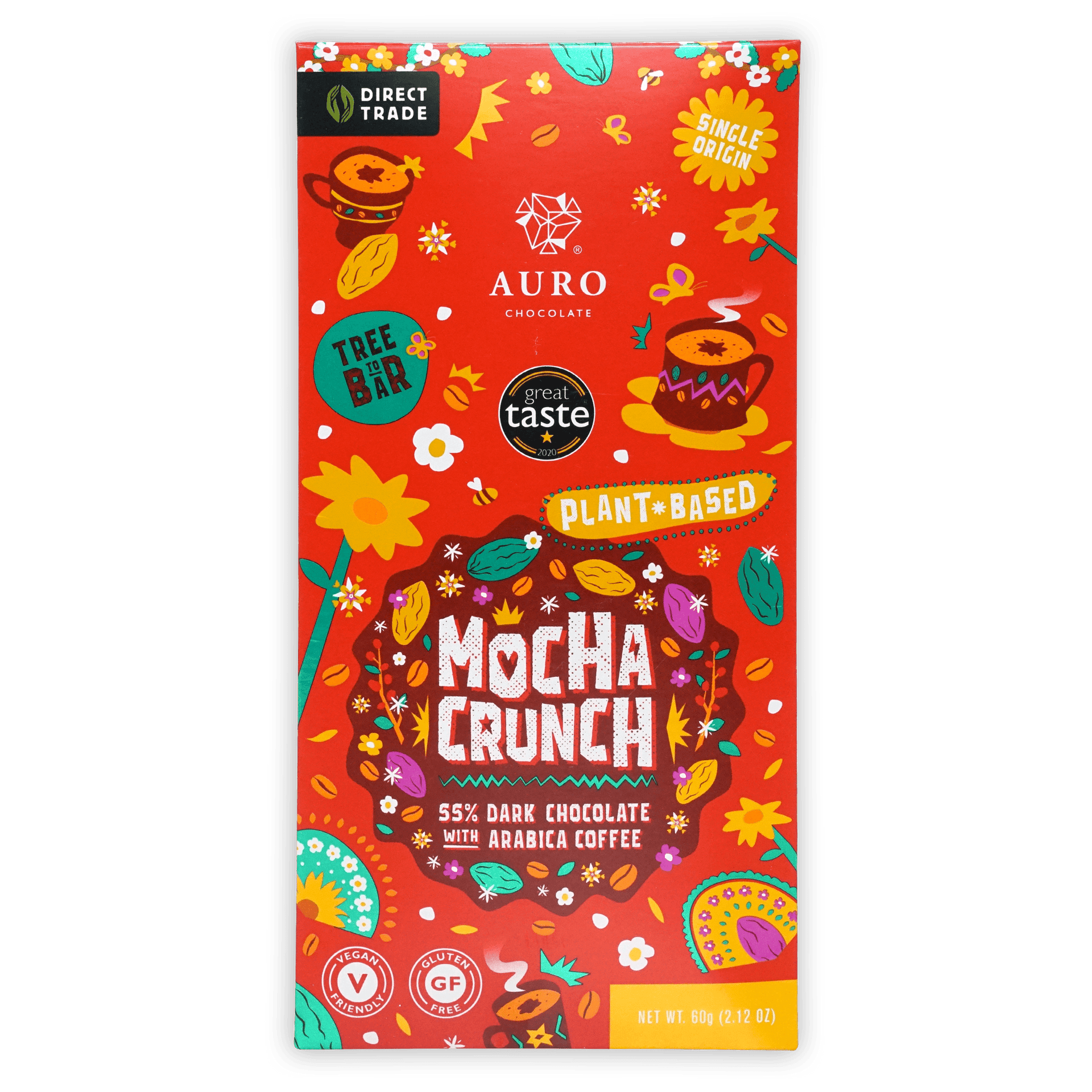 Auro Dark Mocha Crunch 55% bar in vibrant red floral coffee wrapper