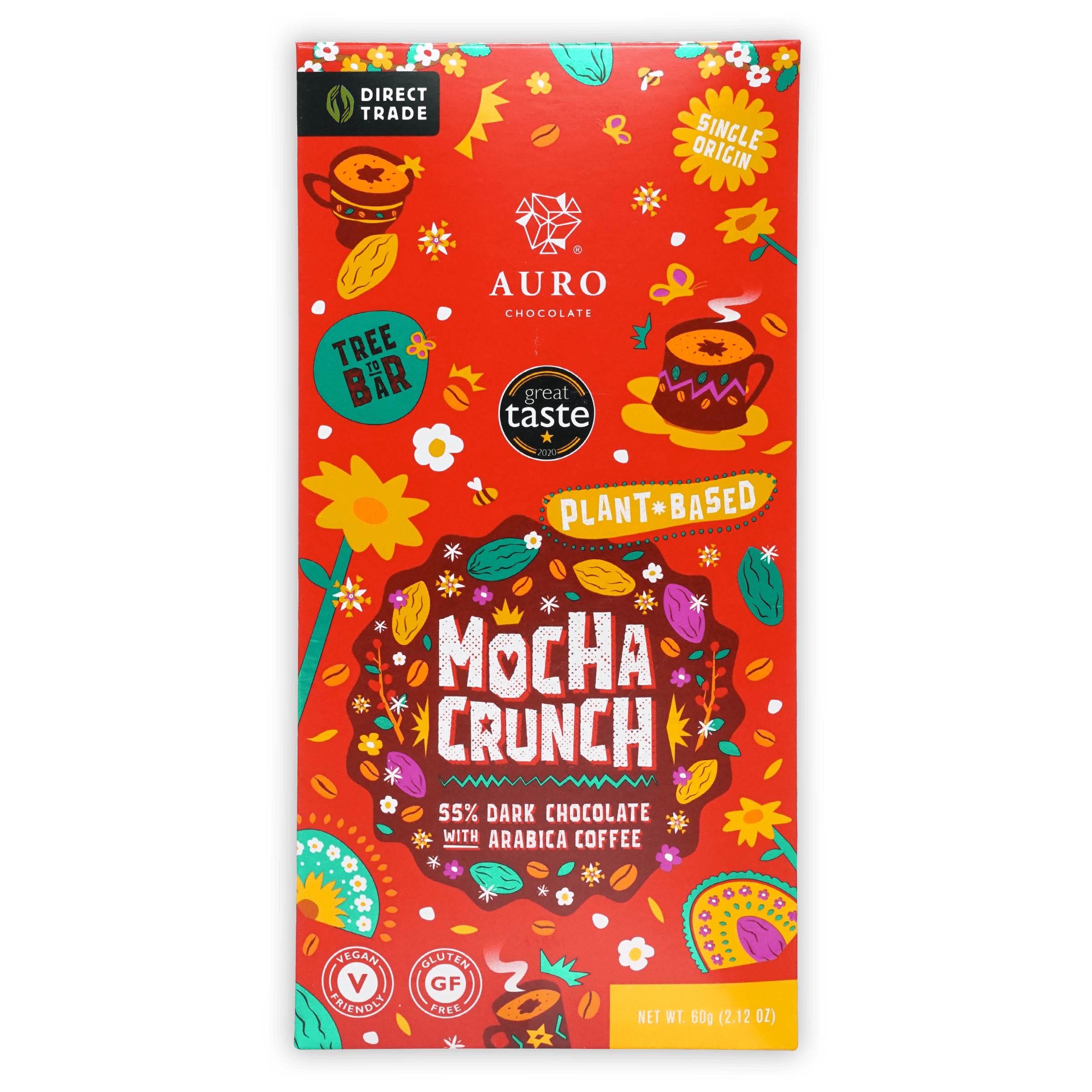 Auro Dark Mocha Crunch 55% bar in vibrant red floral coffee wrapper