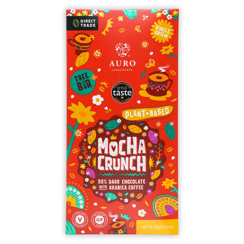Auro Dark Mocha Crunch 55% bar in vibrant red floral coffee wrapper