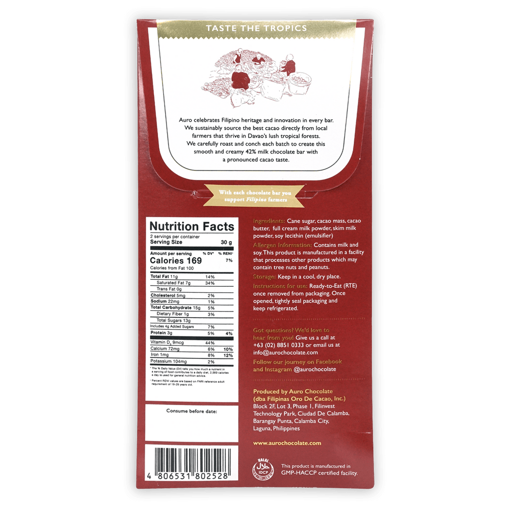 Back of Auro Milk Chocolate 42% bar with Filipino heritage label