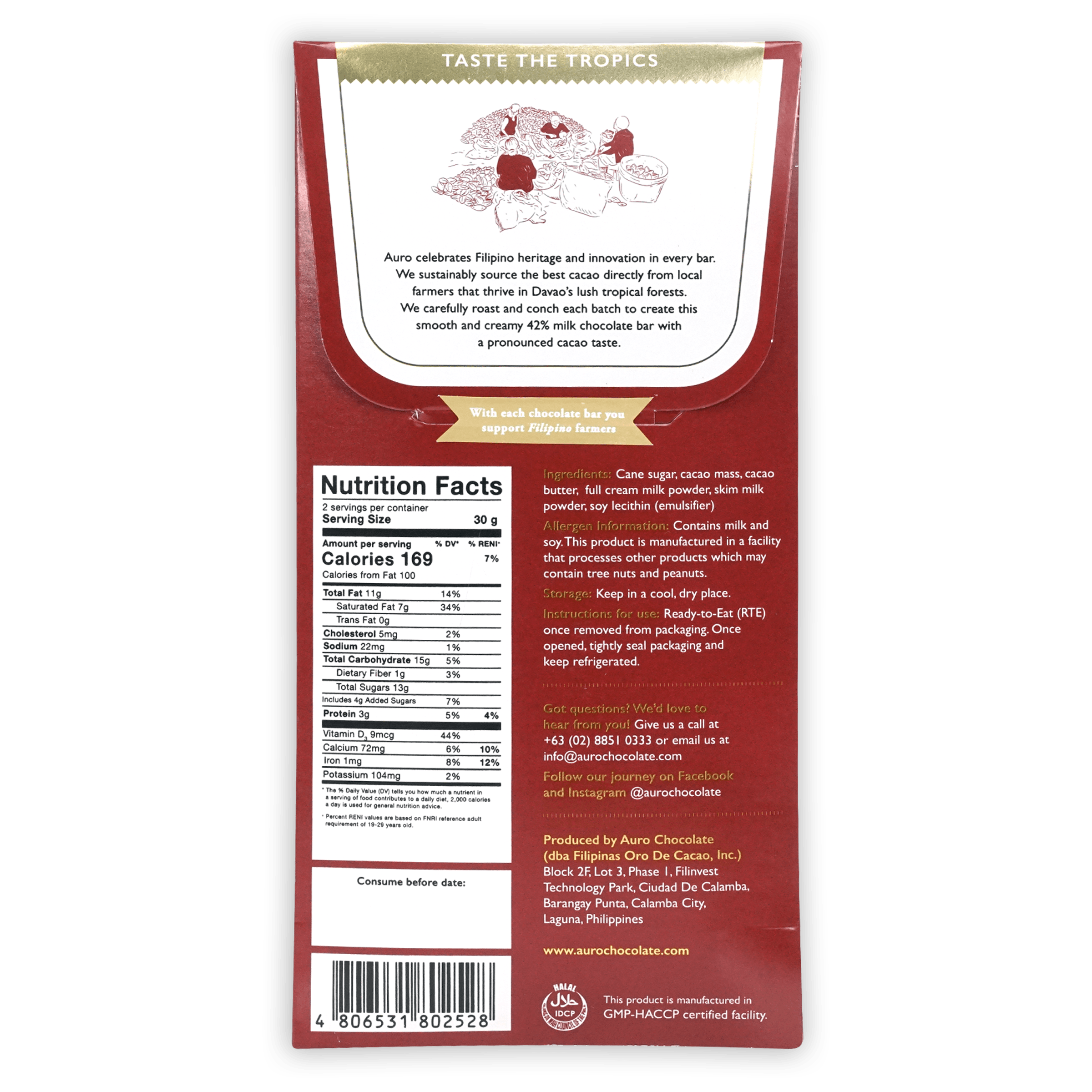 Back of Auro Milk Chocolate 42% bar with Filipino heritage label