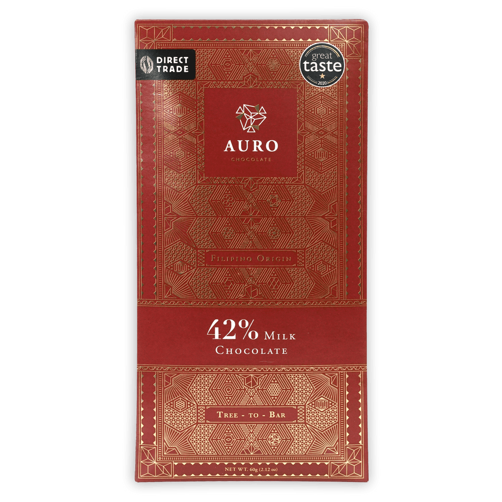 Auro Milk Chocolate 42% bar in red wrapper with gold patterns
