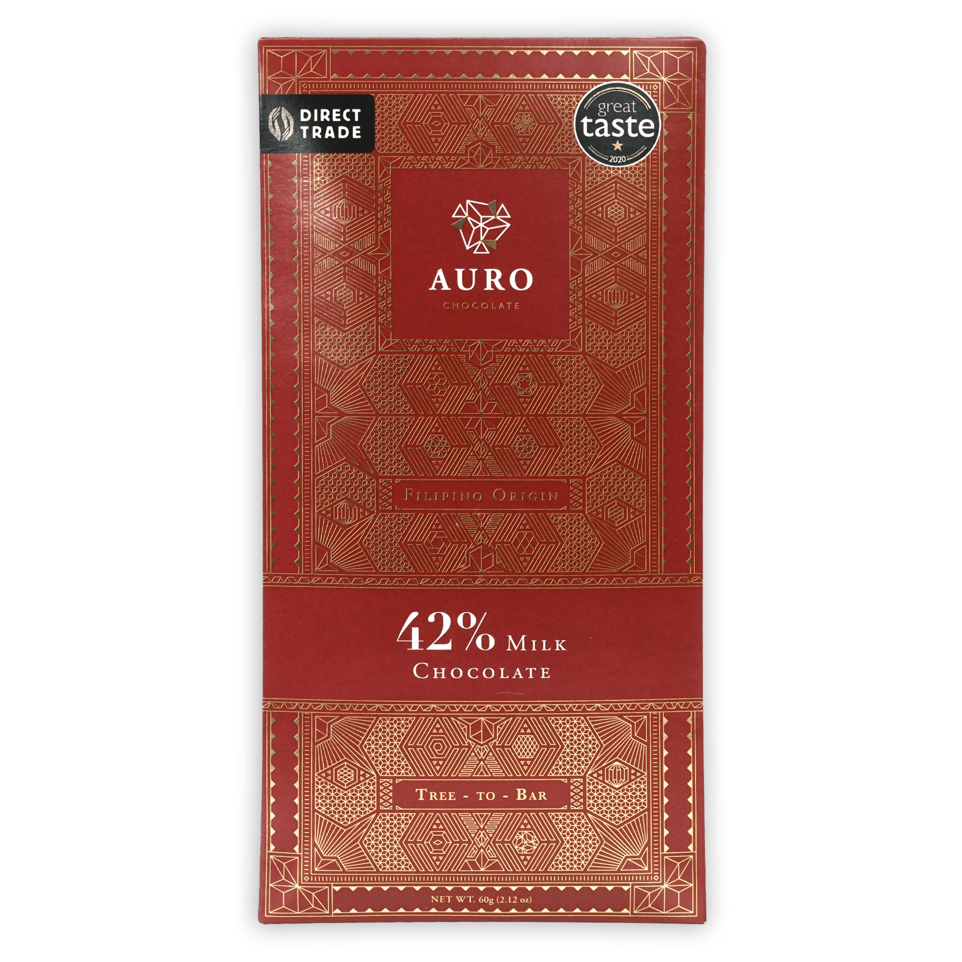 Auro Milk Chocolate 42% bar in red wrapper with gold patterns