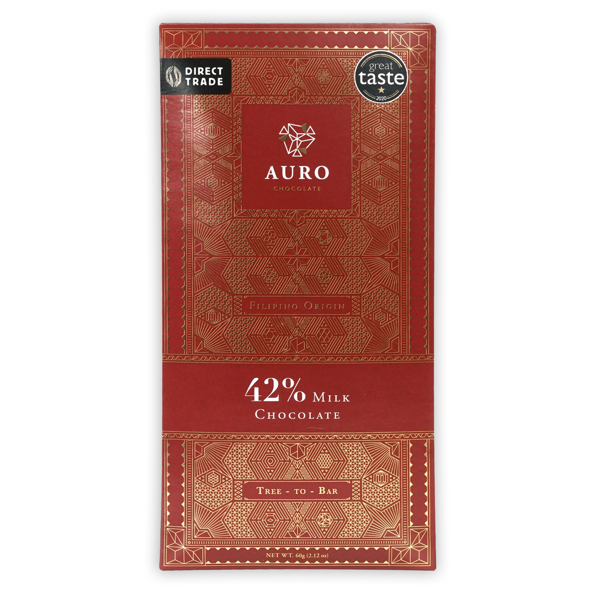 Auro Milk Chocolate 42% bar in red wrapper with gold patterns
