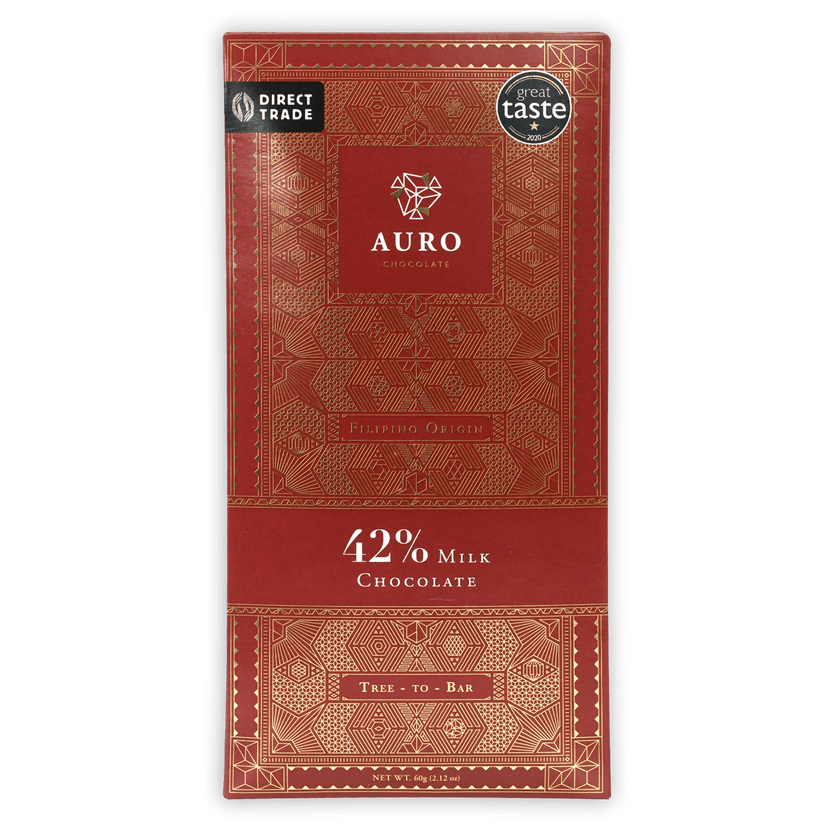 Auro Milk Chocolate 42% bar in red wrapper with gold patterns
