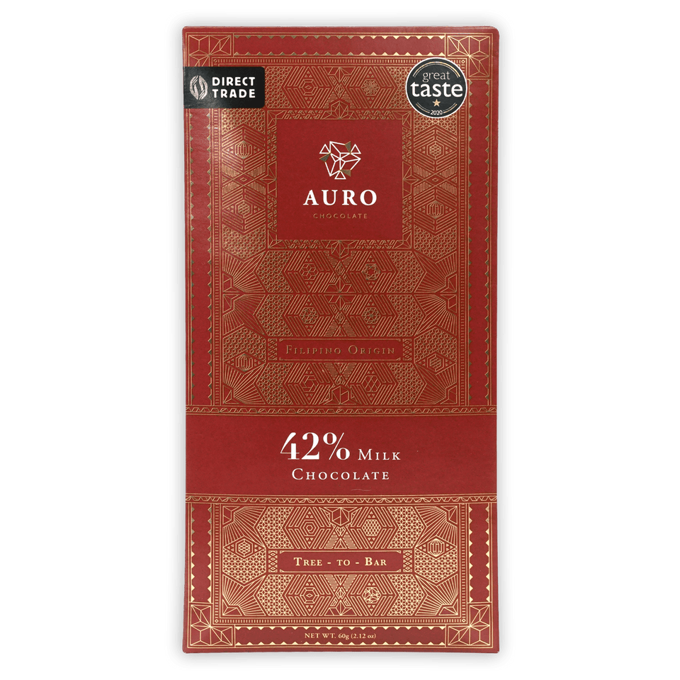 Auro Milk Chocolate 42% bar in red wrapper with gold patterns