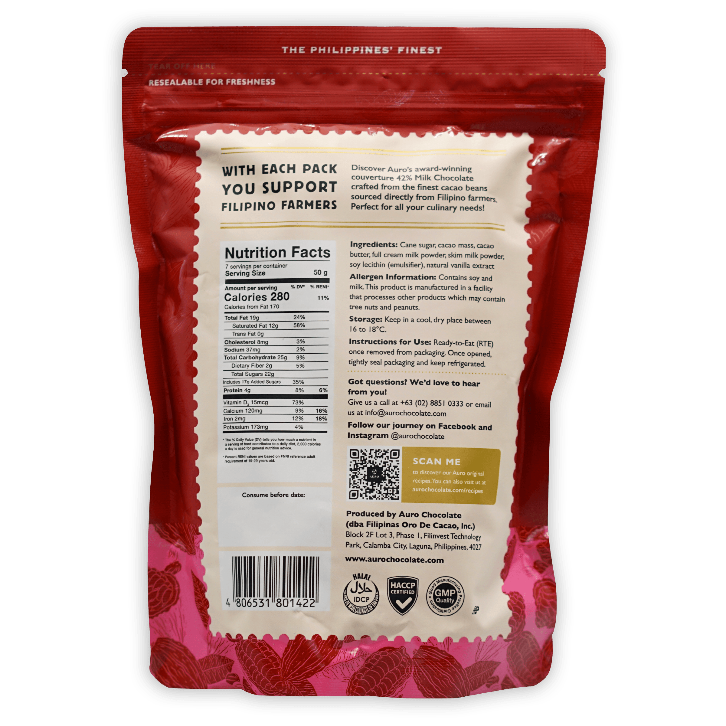 Red resealable pouch of Auro 42% milk chocolate coins, back view