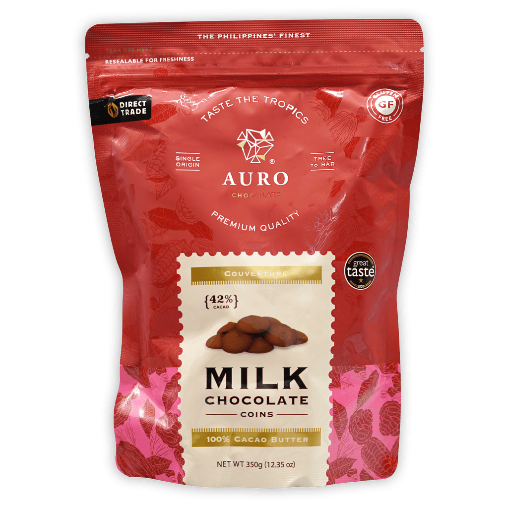 Auro Milk Chocolate Coins 42% red pink resealable pouch with tropical leaves