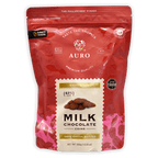 Auro Milk Chocolate Coins 42% red pink resealable pouch with tropical leaves