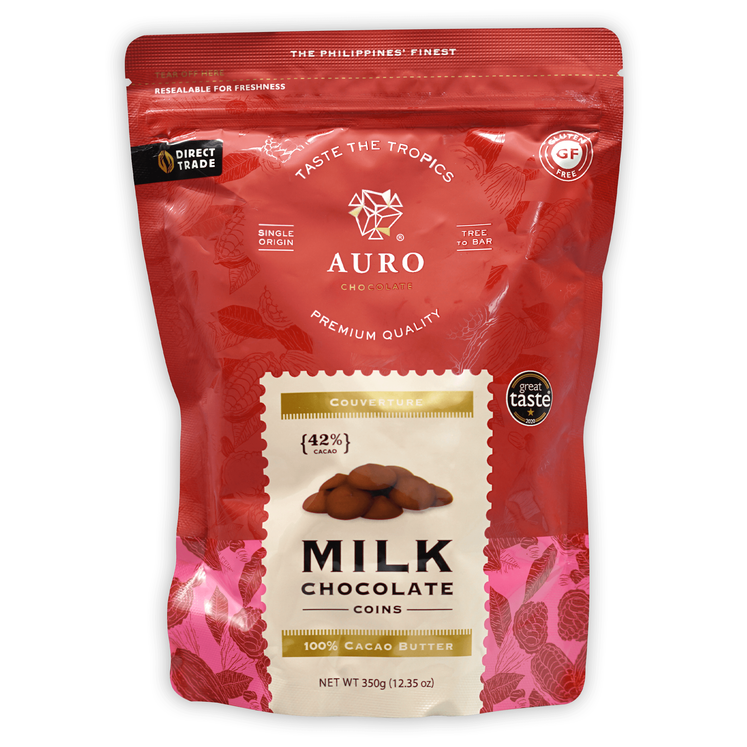 Auro Milk Chocolate Coins 42% red pink resealable pouch with tropical leaves