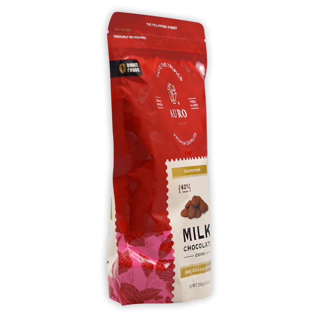 Auro Milk Chocolate Coins 42% vibrant red pink pouch with floral patterns