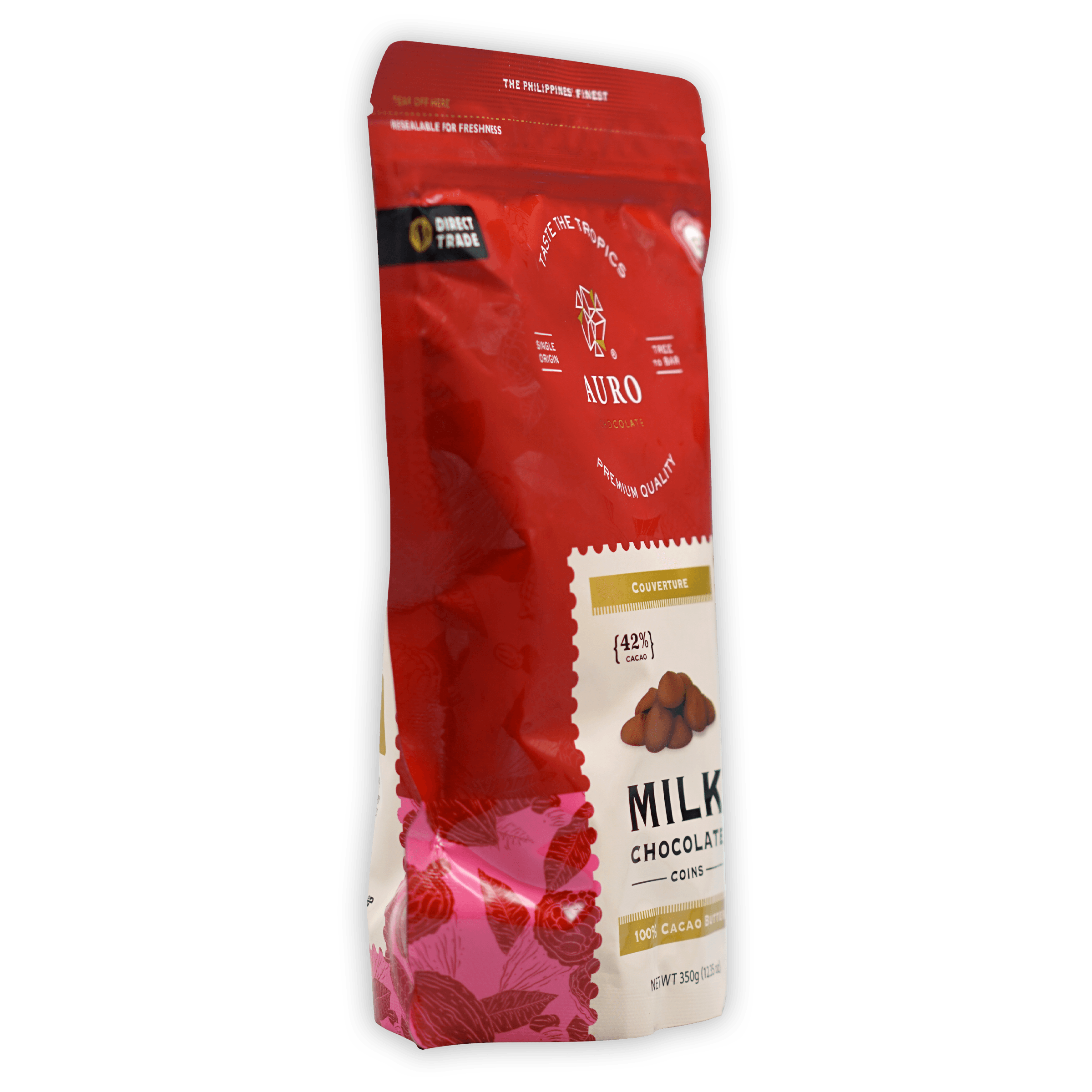 Auro Milk Chocolate Coins 42% vibrant red pink pouch with floral patterns