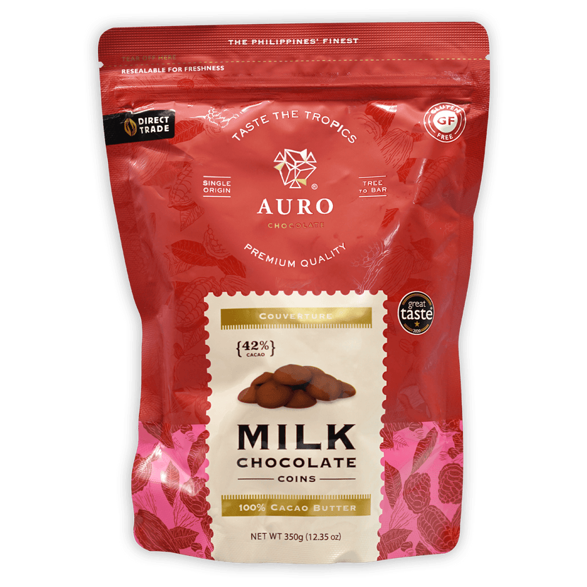 Auro Milk Chocolate Coins 42% red pink resealable pouch with tropical leaves