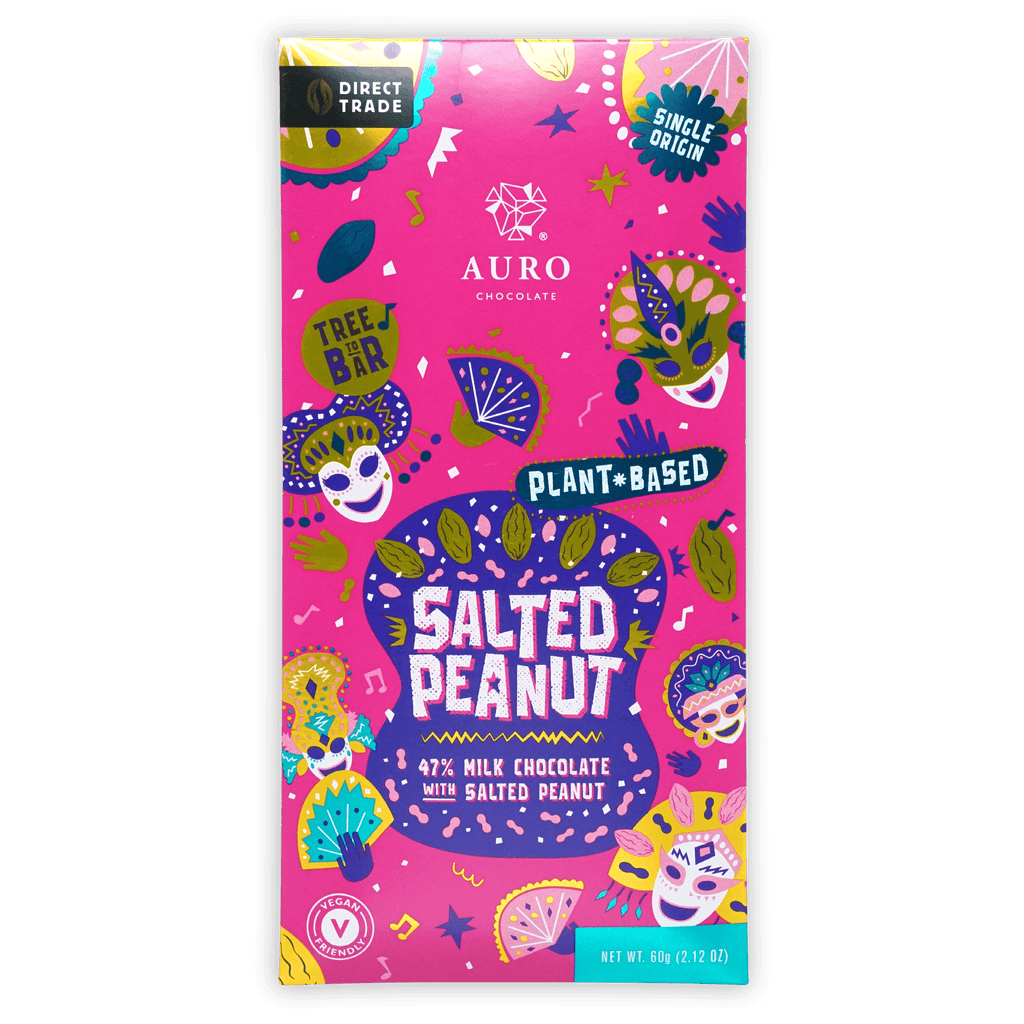 Auro Milk Salted Peanut 47% bar in vibrant pink purple wrap with festive masks