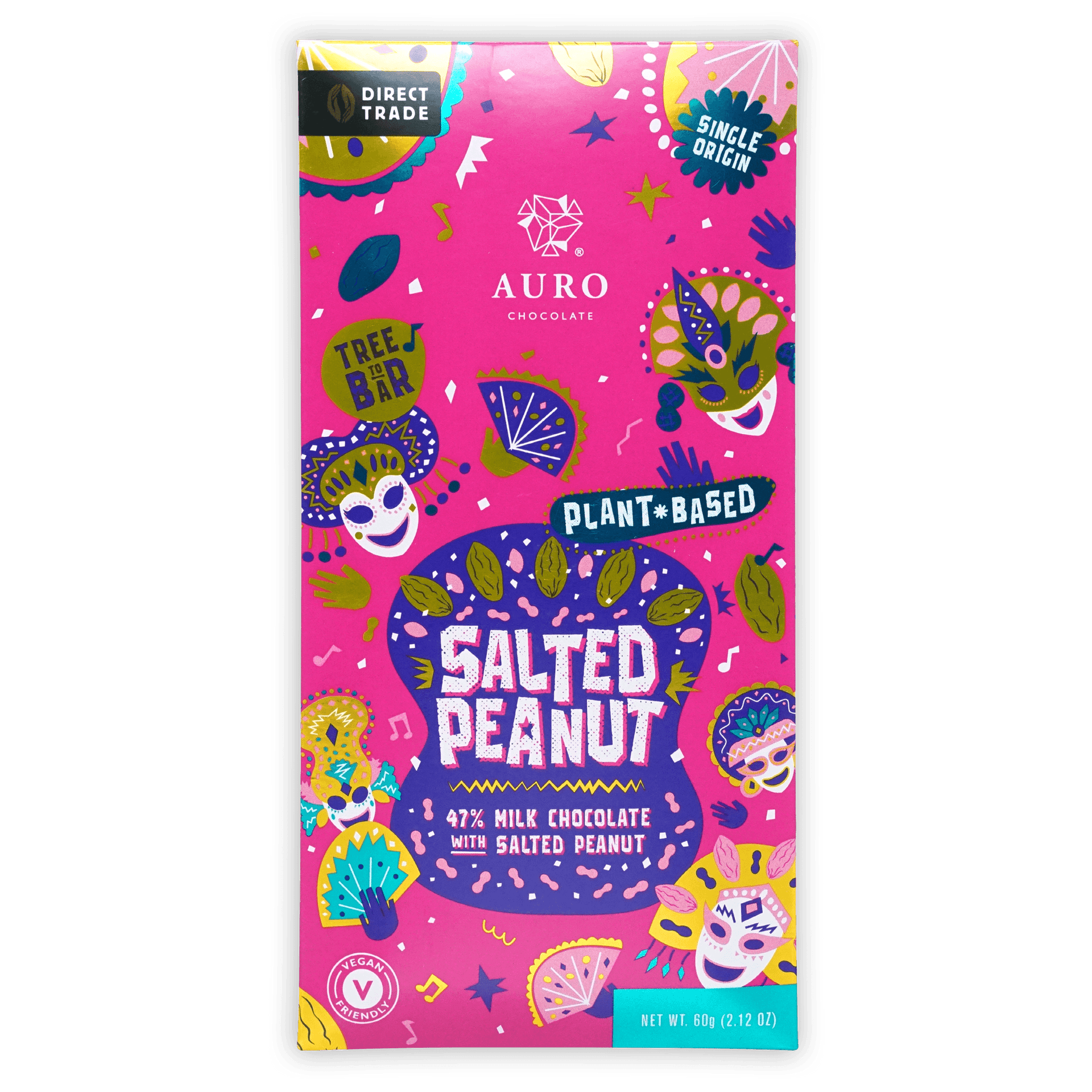 Auro Milk Salted Peanut 47% bar in vibrant pink purple wrap with festive masks