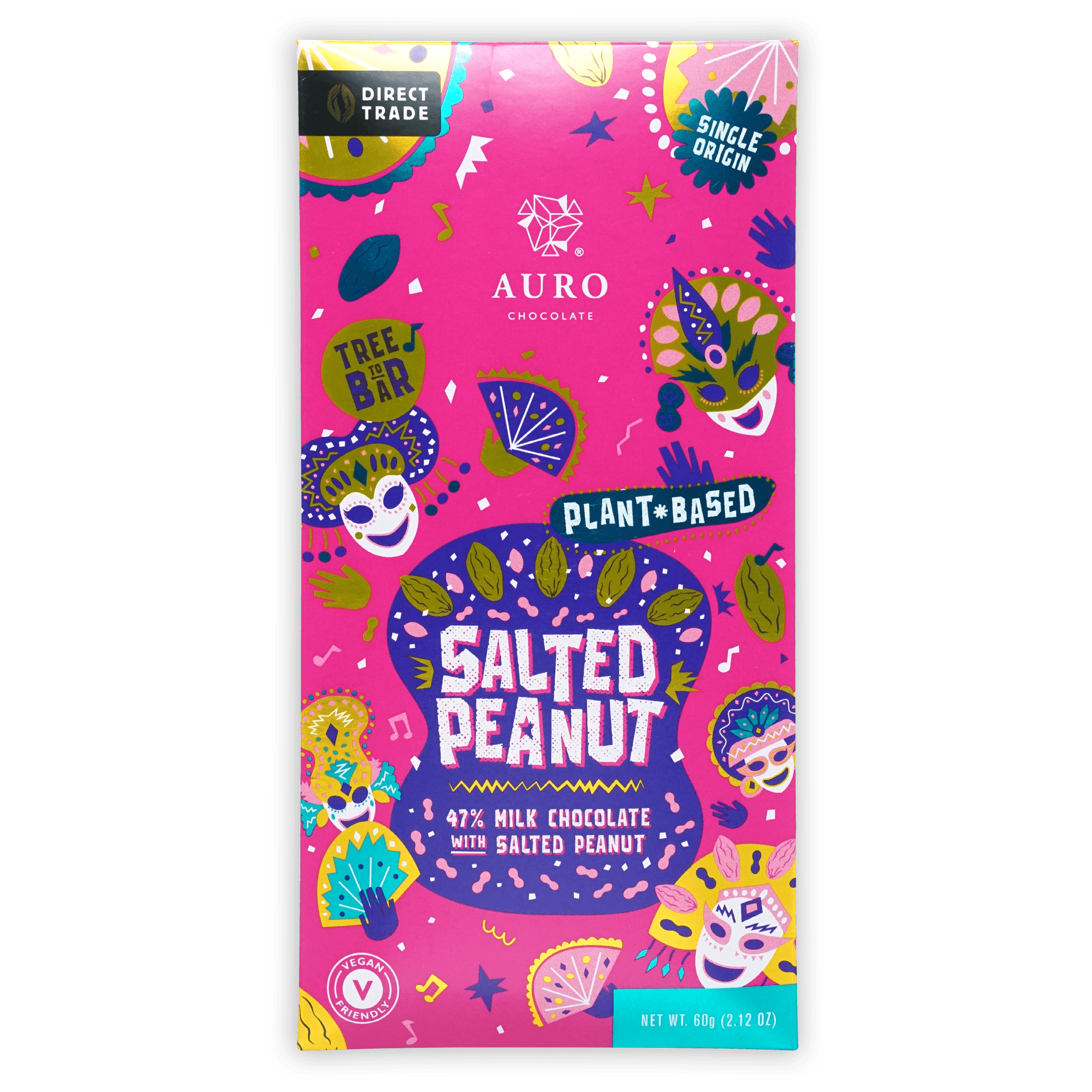 Auro Milk Salted Peanut 47% bar in vibrant pink purple wrap with festive masks