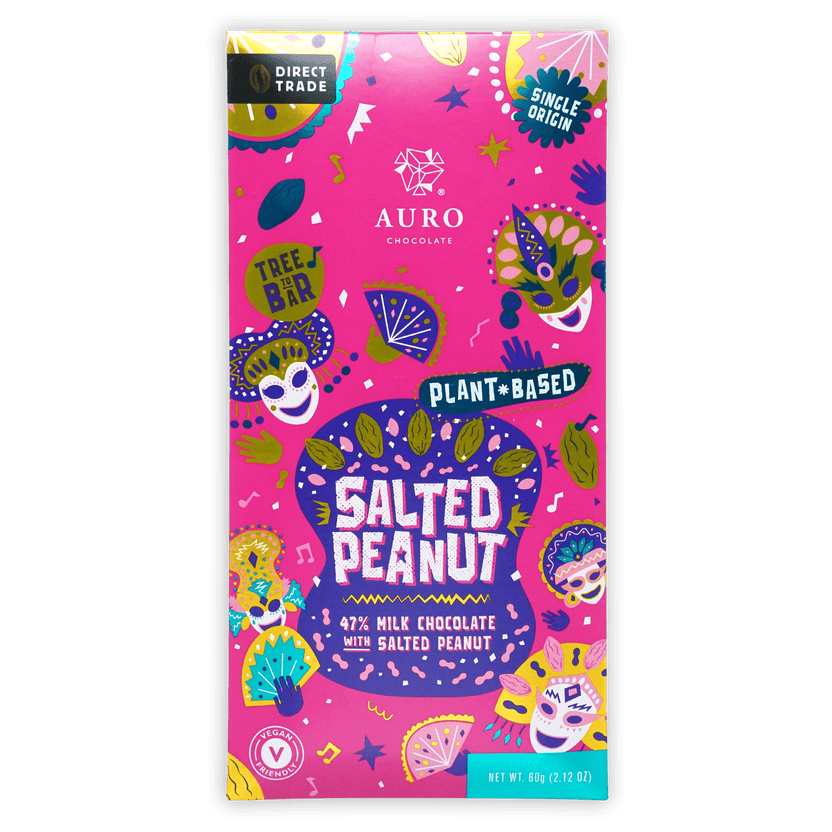Auro Milk Salted Peanut 47% bar in vibrant pink purple wrap with festive masks