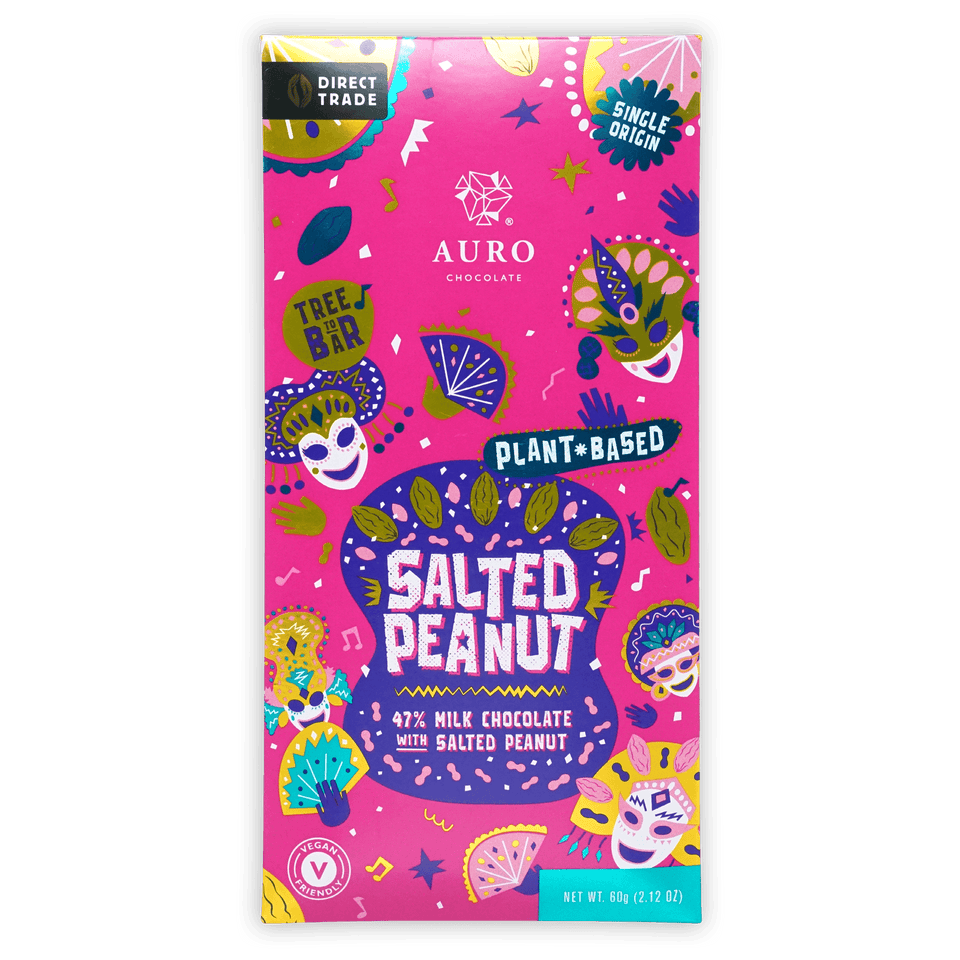 Auro Milk Salted Peanut 47% bar in vibrant pink purple wrap with festive masks