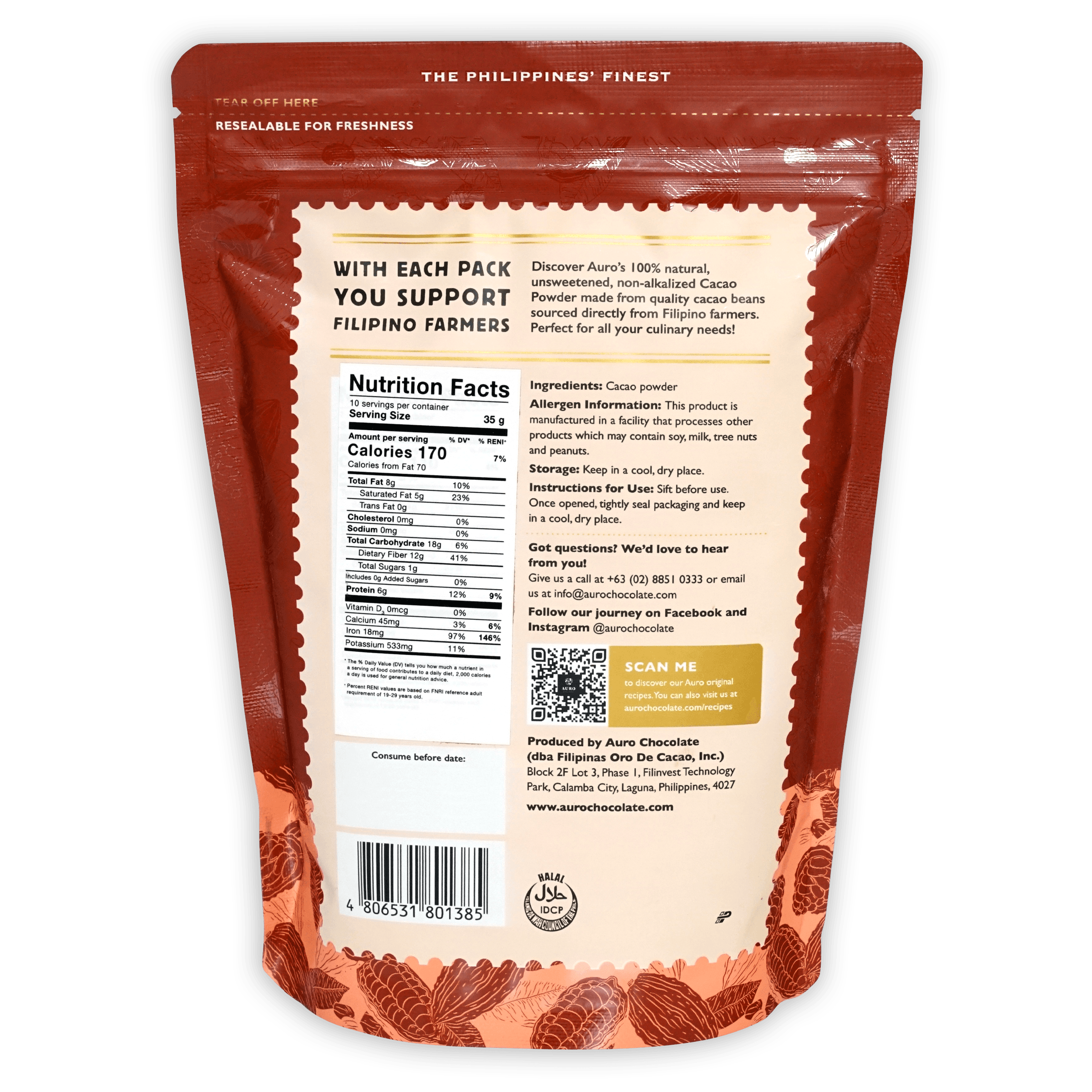 Red resealable pouch of Auro Unsweetened Natural Cacao Powder 100%