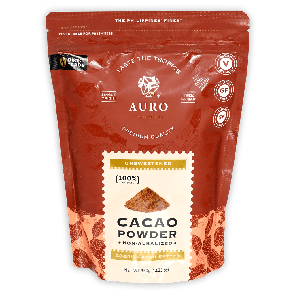 Auro unsweetened natural cacao powder in red resealable pouch