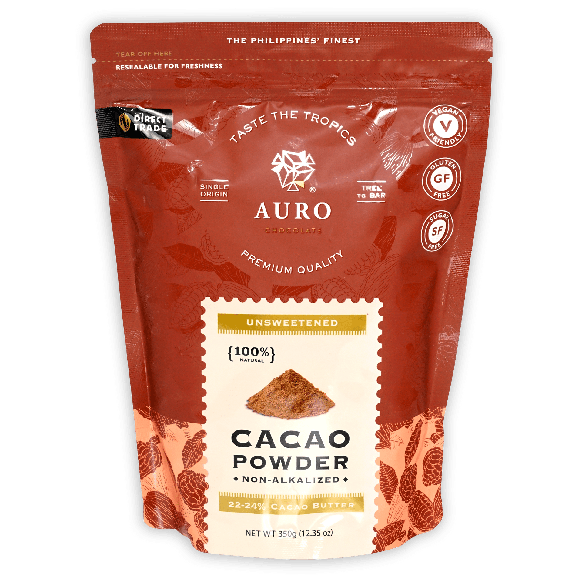 Auro unsweetened natural cacao powder in red resealable pouch