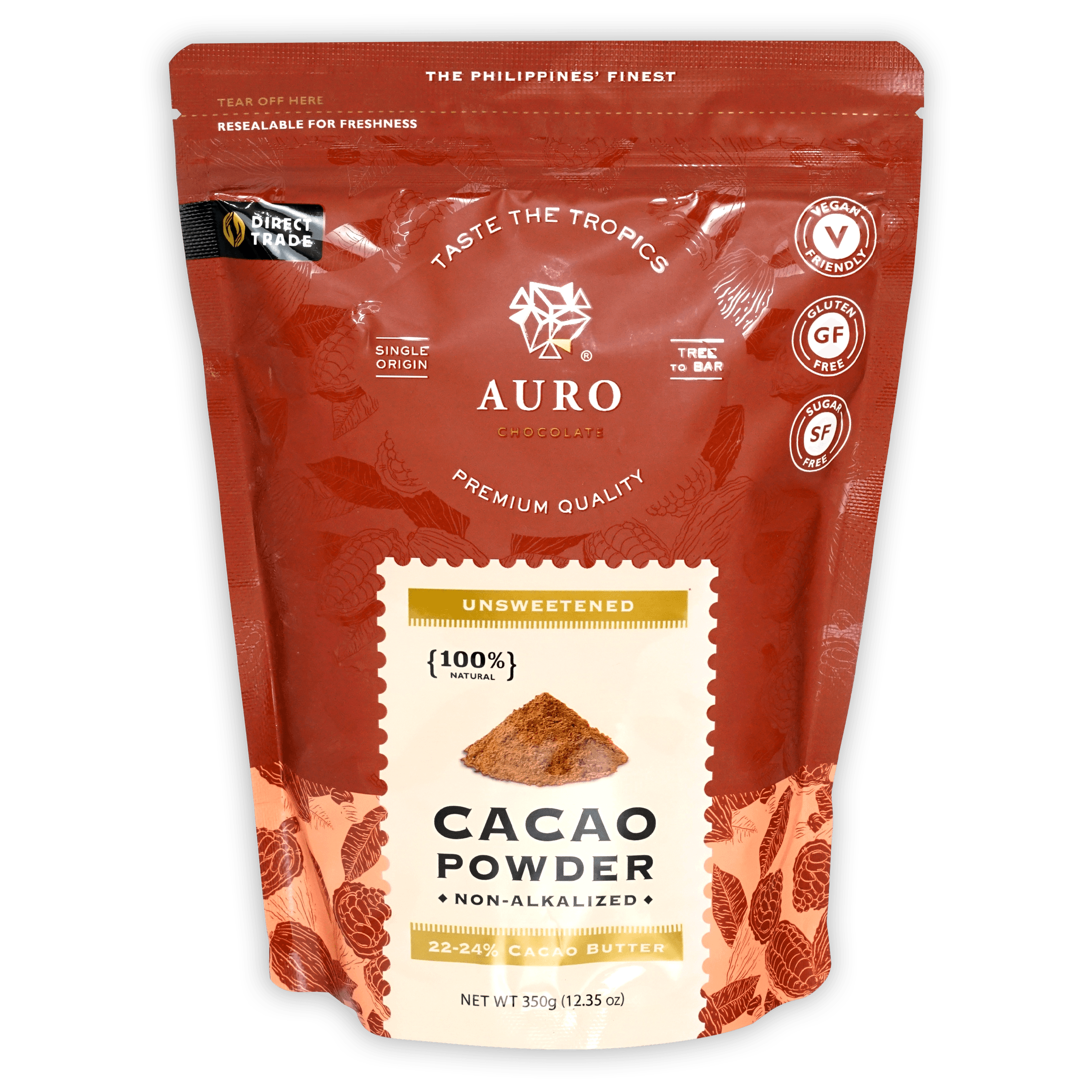 Auro unsweetened natural cacao powder in red resealable pouch
