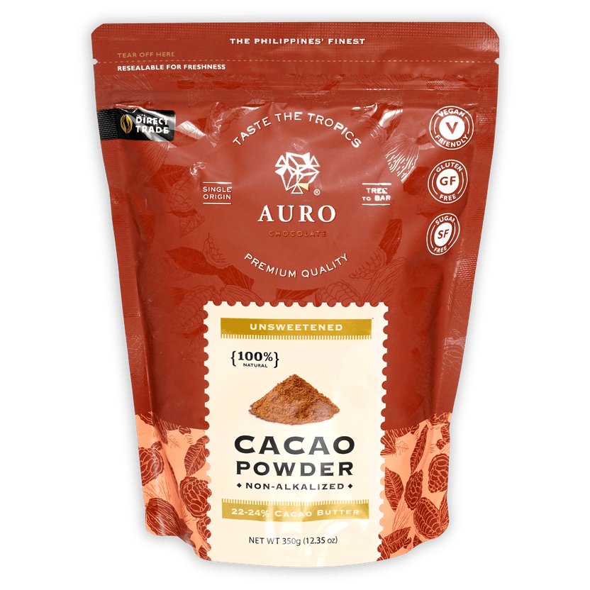 Auro unsweetened natural cacao powder in red resealable pouch