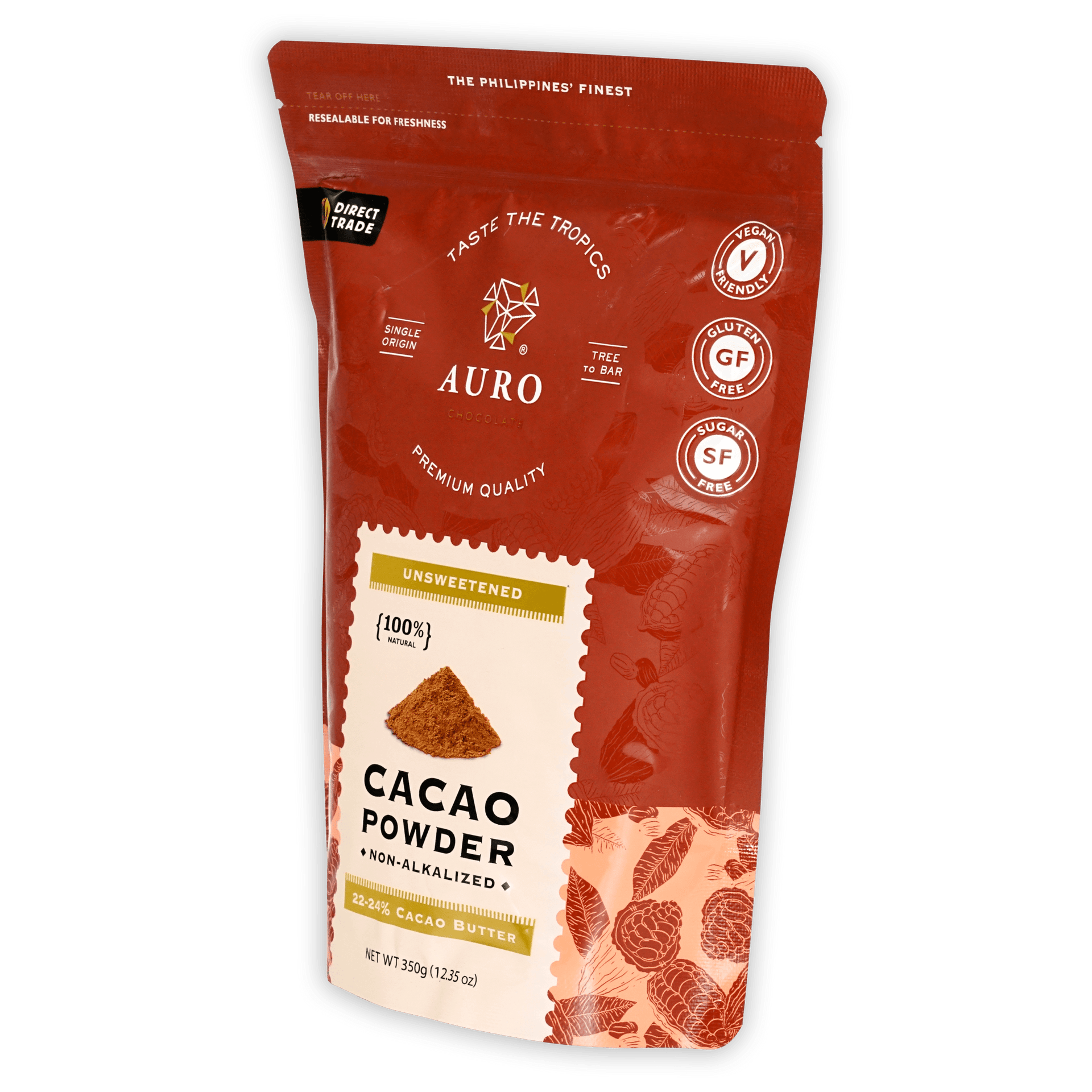 Auro unsweetened natural cacao powder in vibrant red resealable pouch