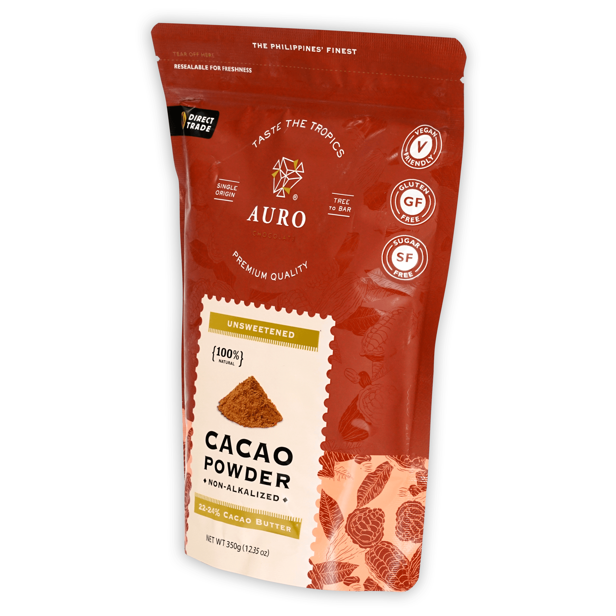 Auro unsweetened natural cacao powder in vibrant red resealable pouch
