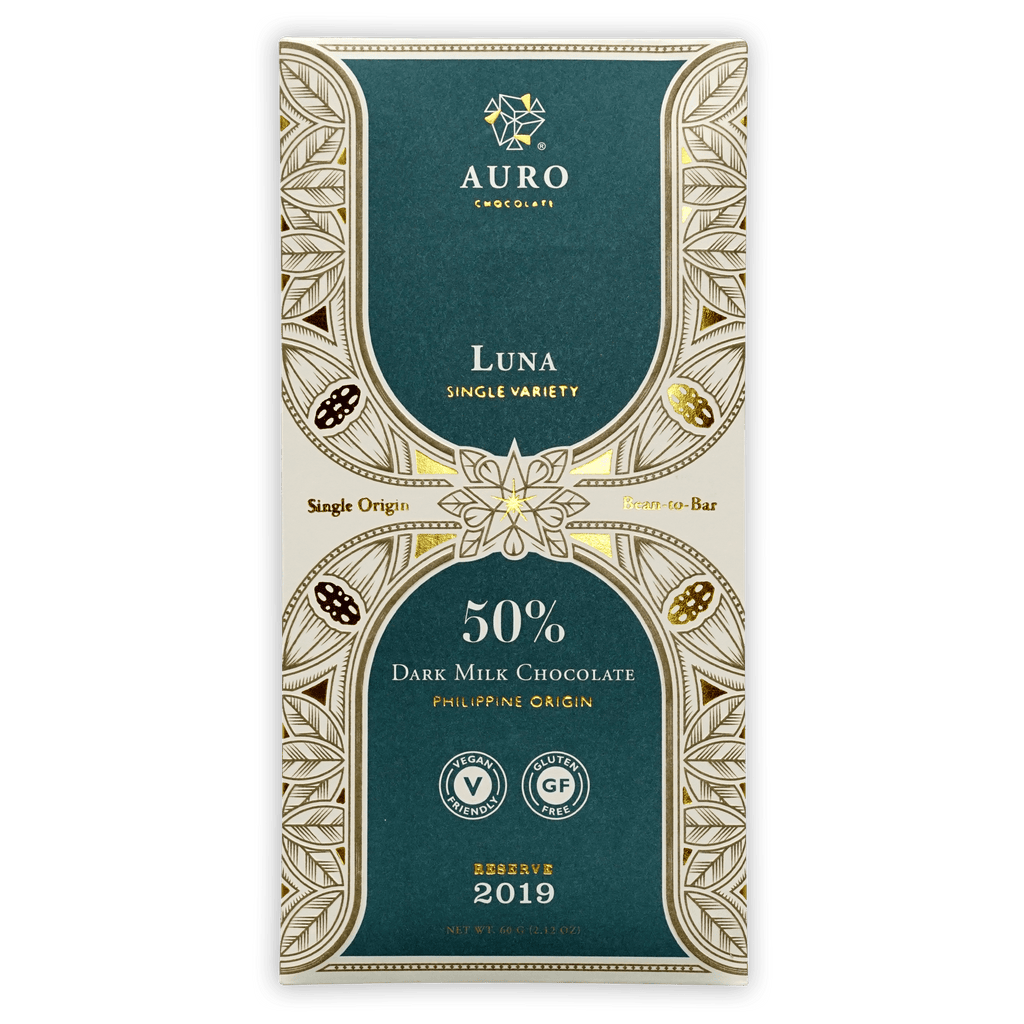 Auro Reserve Luna Dark Milk 50% chocolate bar in teal gold leaf foil