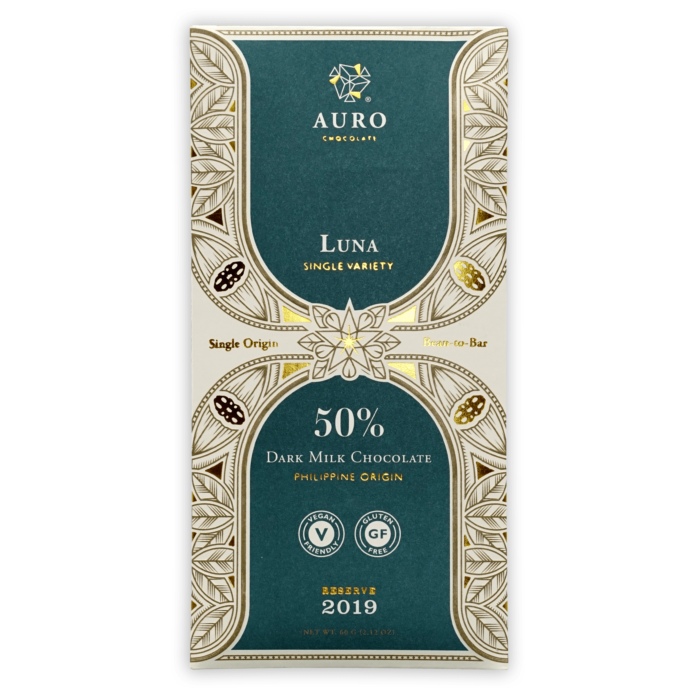 Auro Reserve Luna Dark Milk 50% chocolate bar in teal gold leaf foil