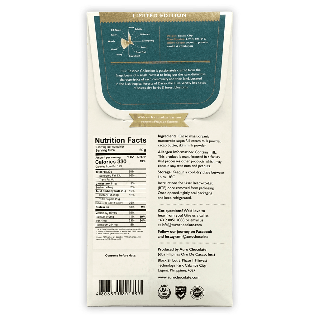 Auro Reserve Luna Dark Milk 50% limited edition bar back with flavor notes