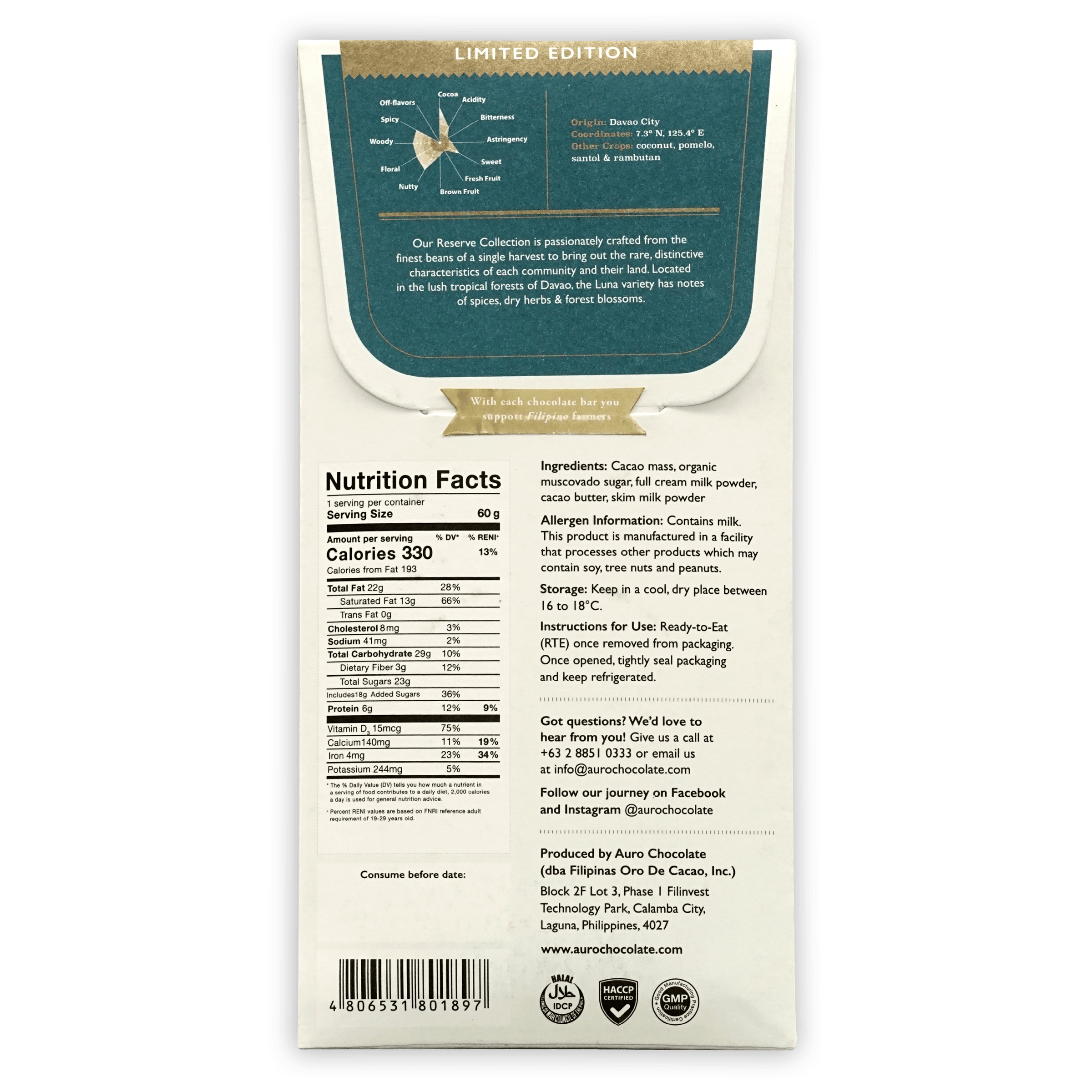 Auro Reserve Luna Dark Milk 50% limited edition bar back with flavor notes