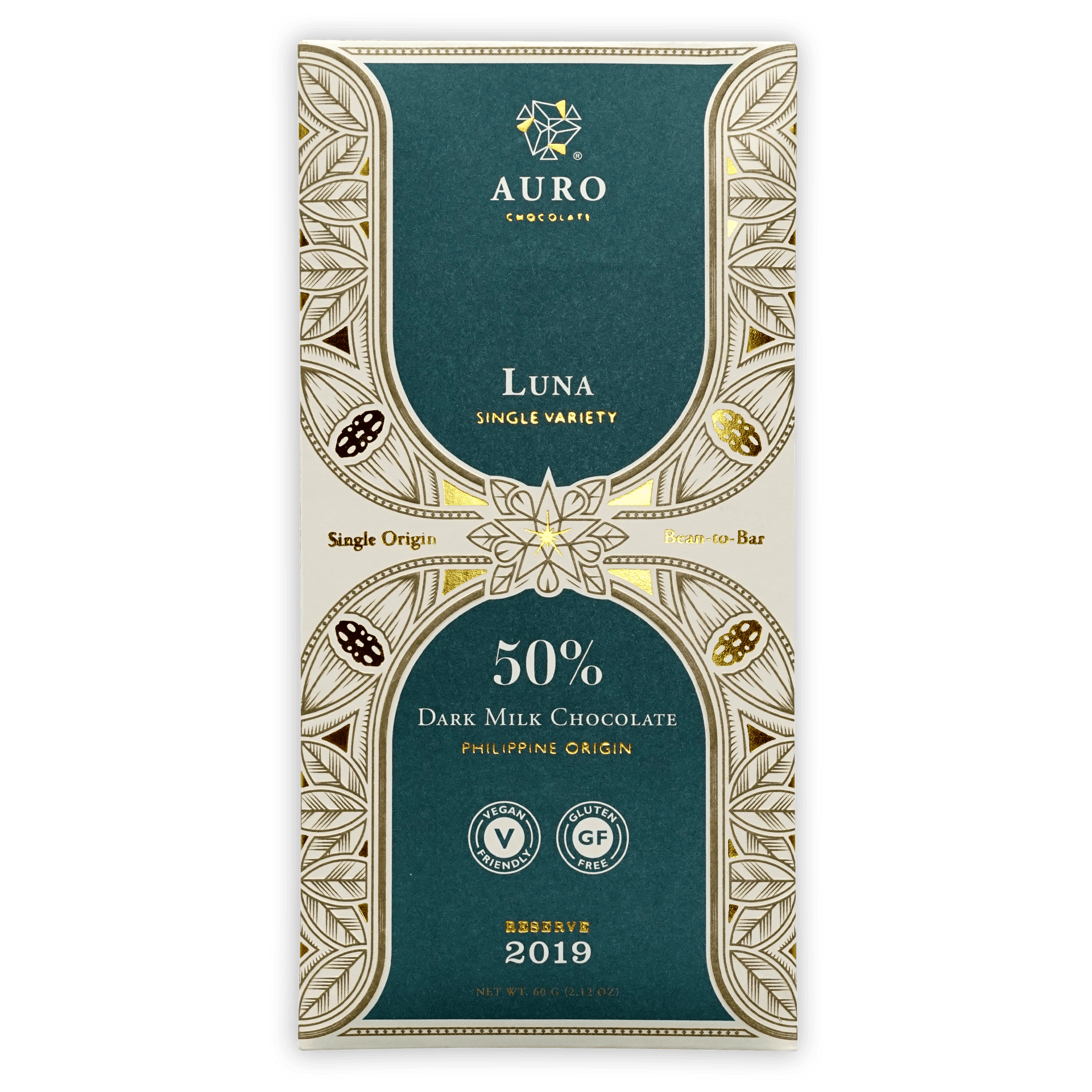 Auro Reserve Luna Dark Milk 50% chocolate bar in teal gold leaf foil