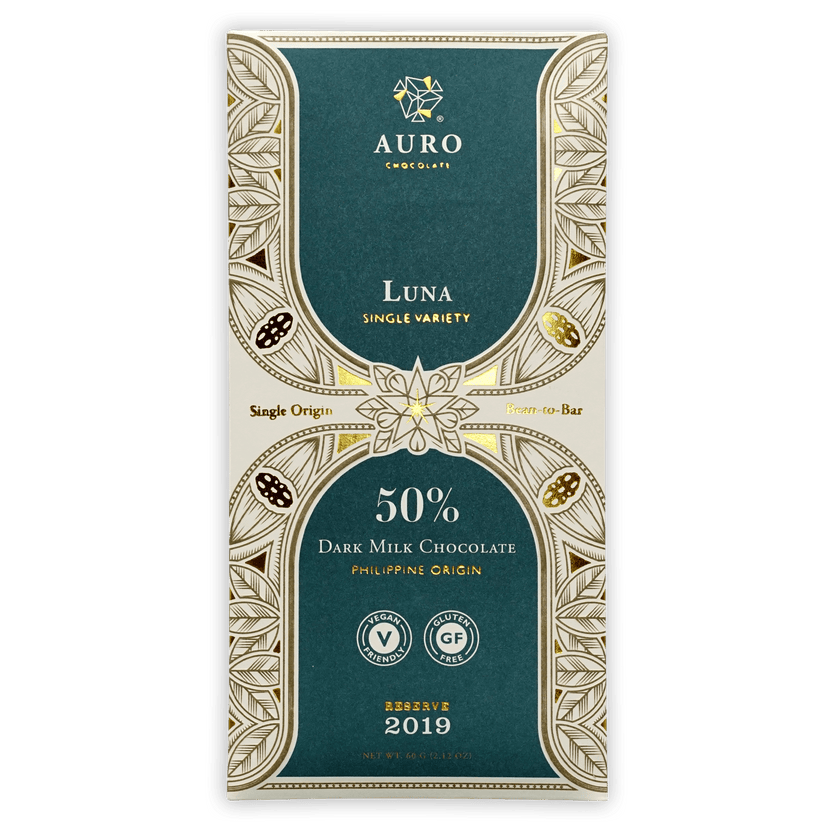 Auro Reserve Luna Dark Milk 50% chocolate bar in teal gold leaf foil