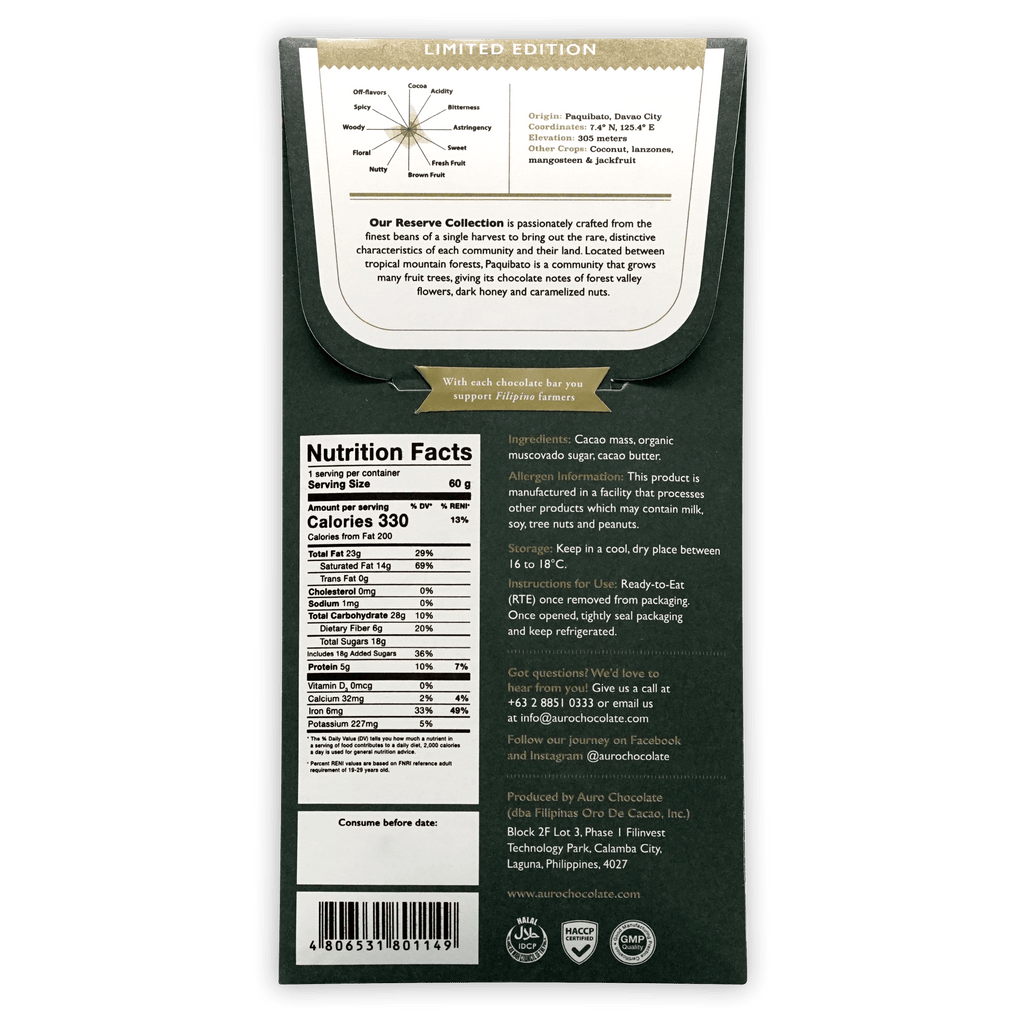 Auro Reserve Paquibato 70% limited edition dark green chocolate bar wrapper