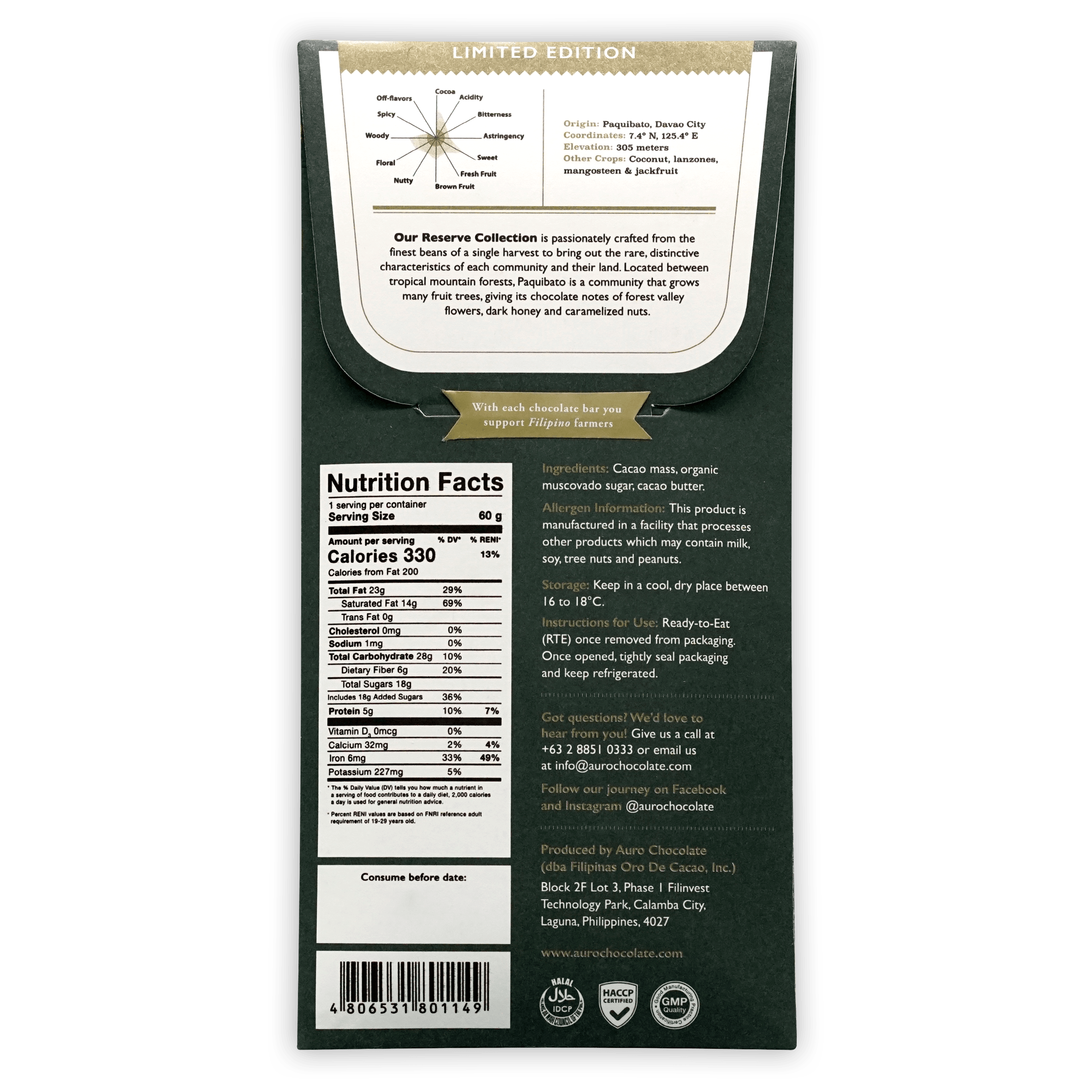 Auro Reserve Paquibato 70% limited edition dark green chocolate bar wrapper