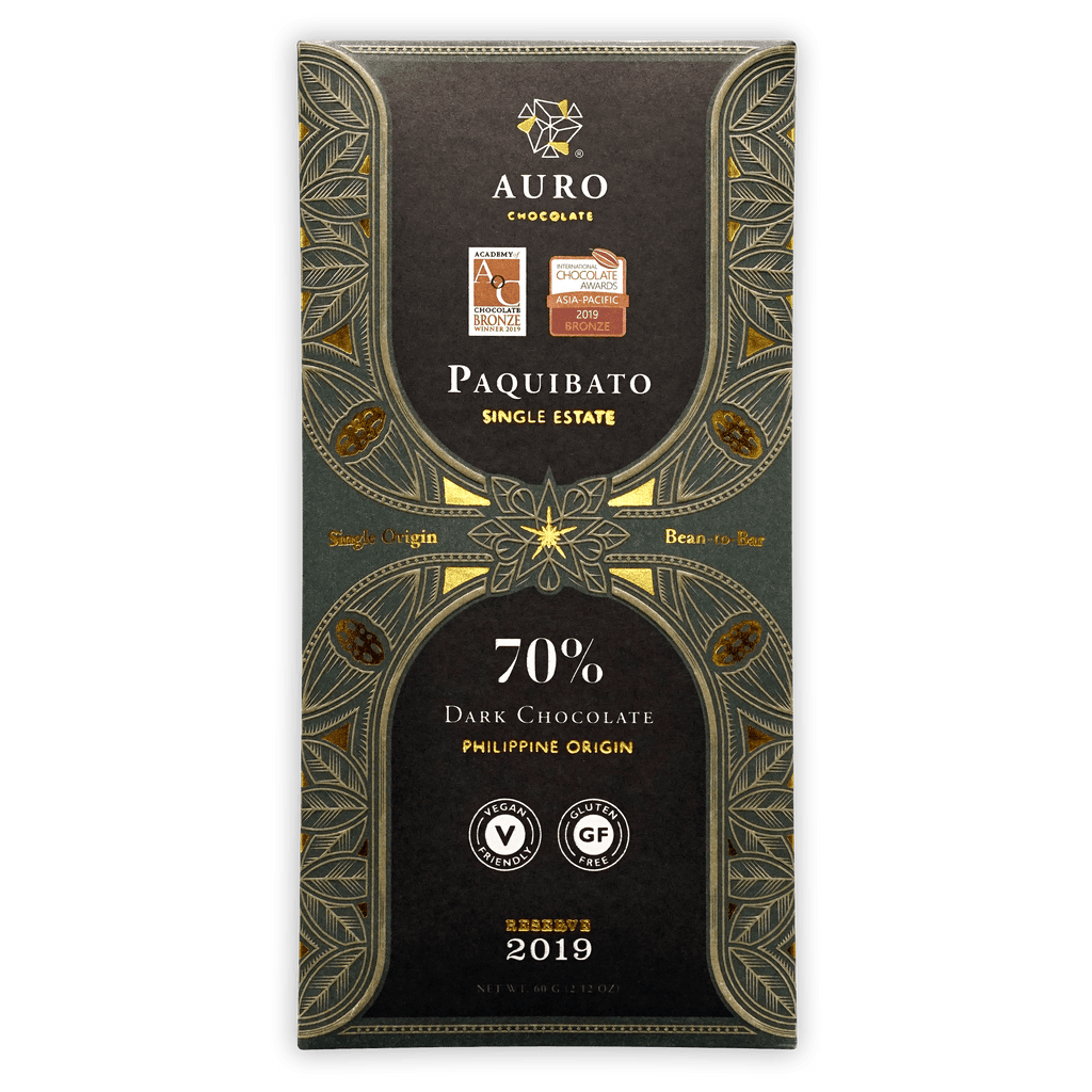 Auro Reserve Paquibato 70% dark chocolate bar in black gold foil wrap