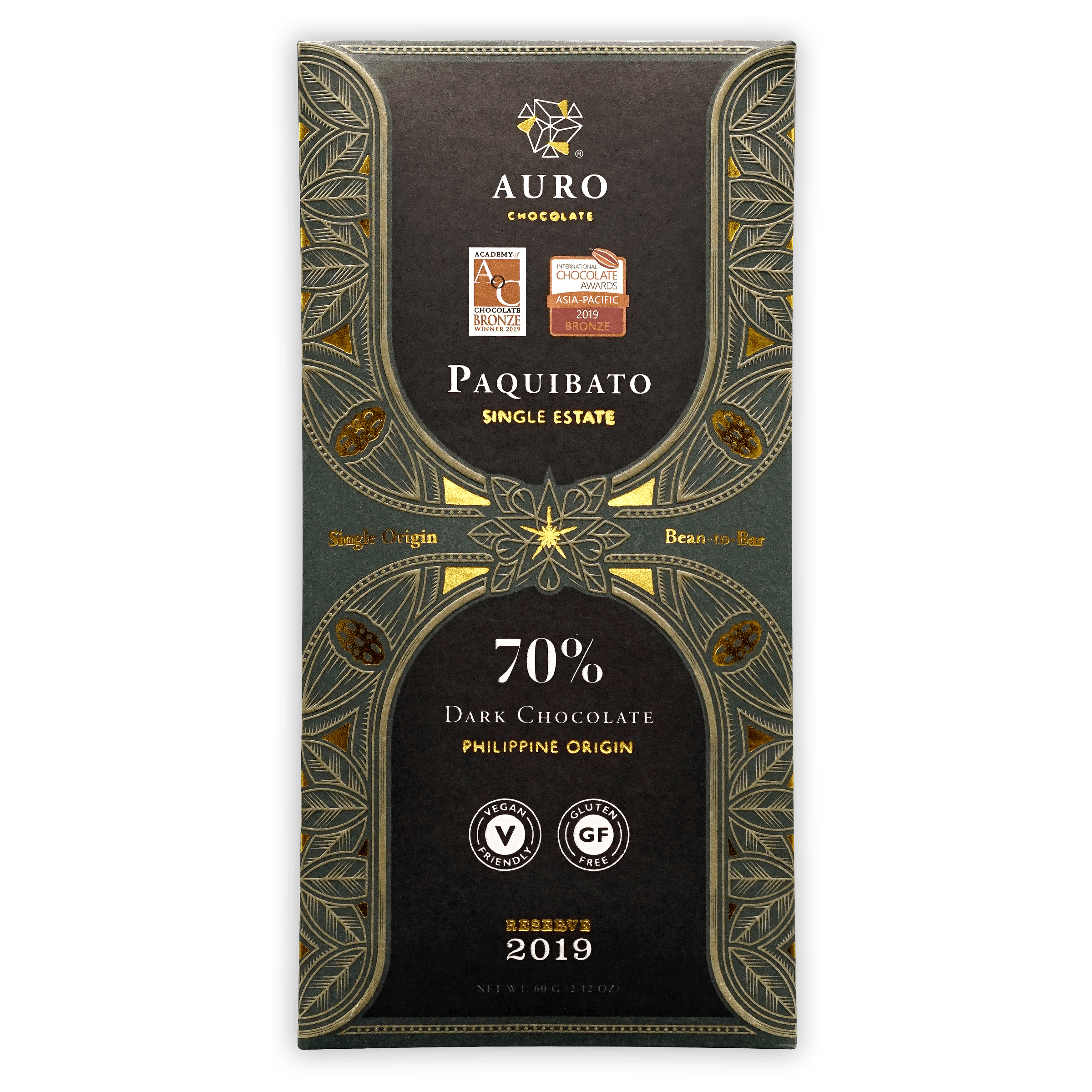 Auro Reserve Paquibato 70% dark chocolate bar in black gold foil wrap