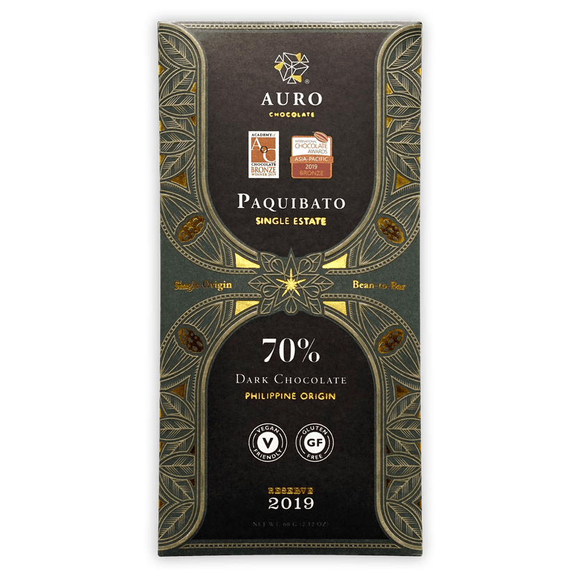 Auro Reserve Paquibato 70% dark chocolate bar in black gold foil wrap