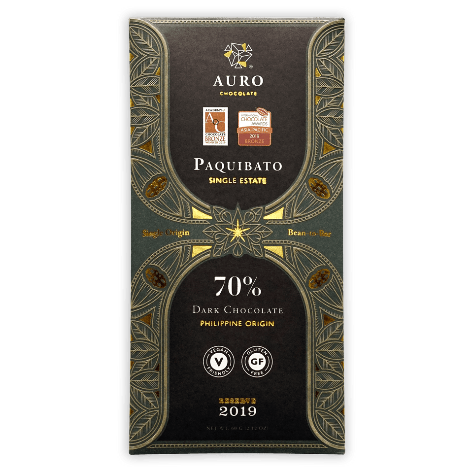 Auro Reserve Paquibato 70% dark chocolate bar in black gold foil wrap